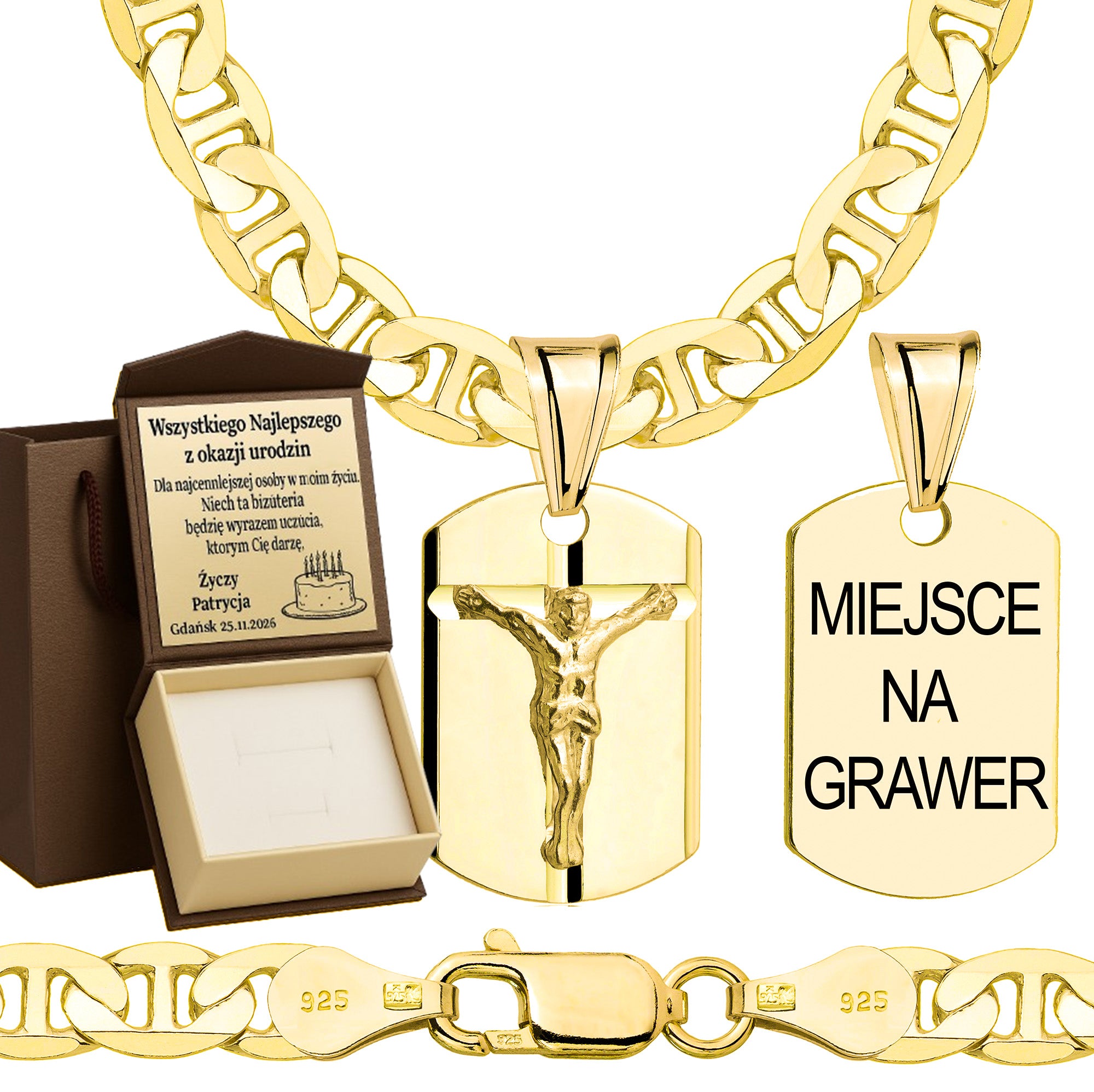 Łańcuszek pozłacany srebrny z medalikiem gucci 5,5mm pr. 925