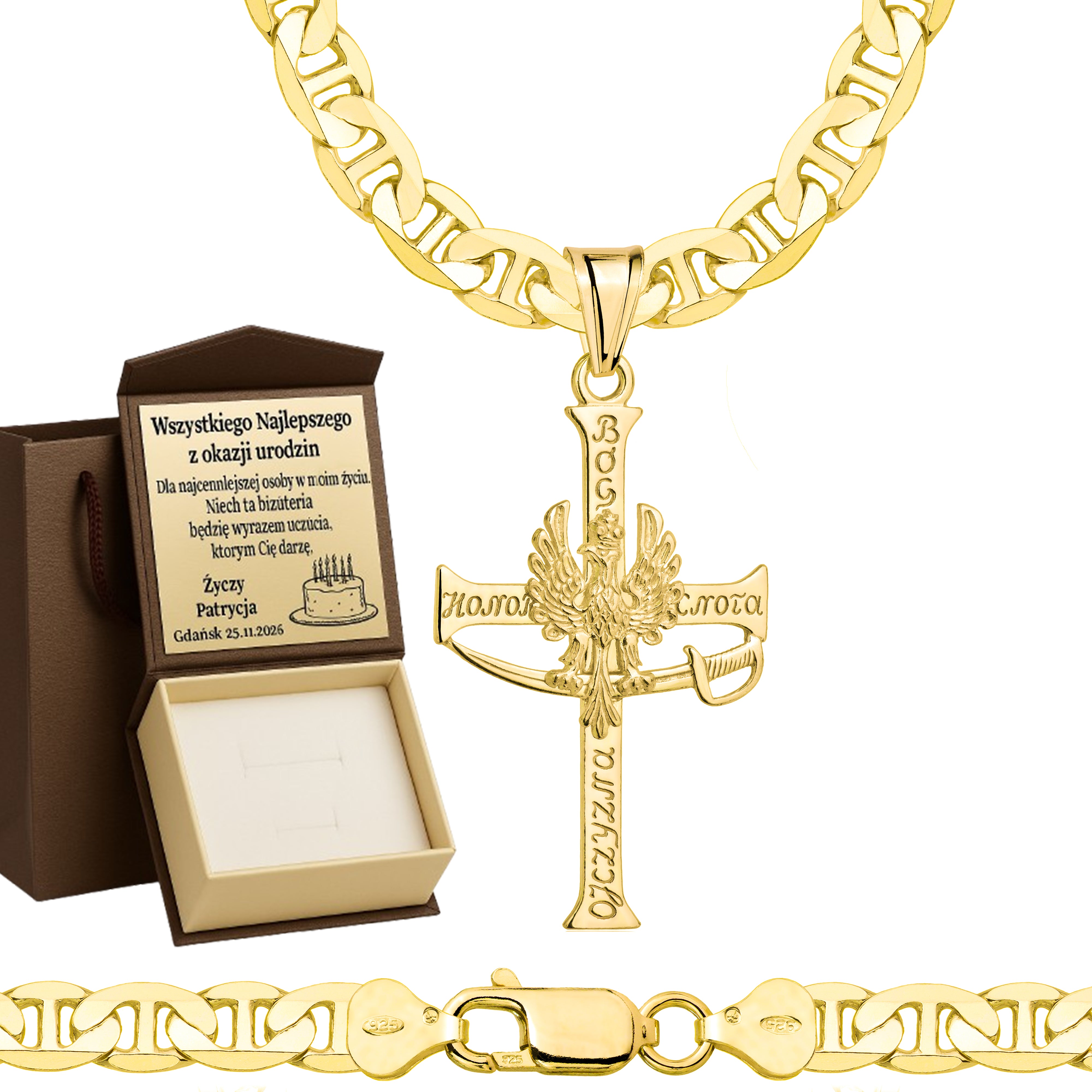 Łańcuszek pozłacany srebrny z krzyżykiem gucci 6,5mm pr. 925