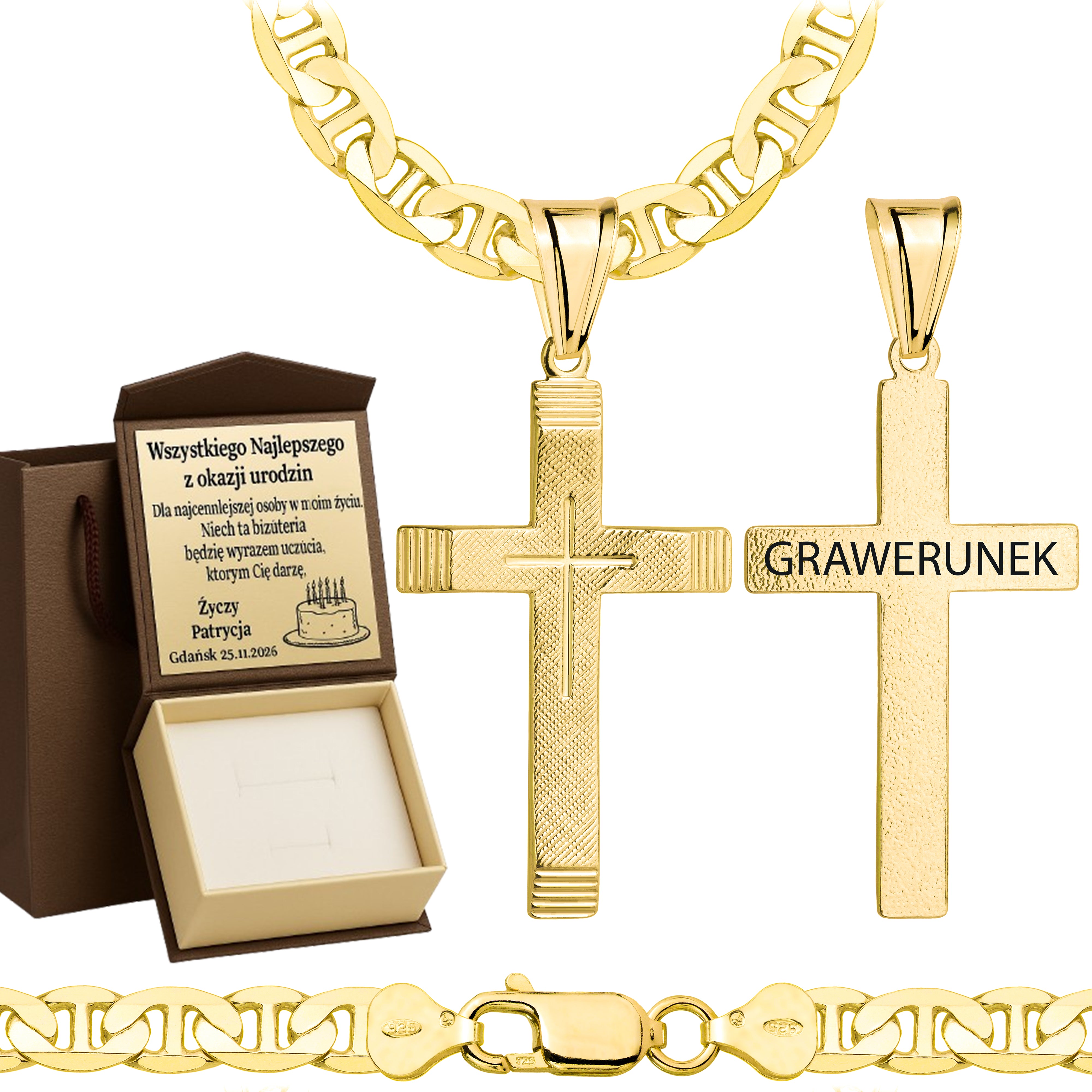 Łańcuszek pozłacany srebrny z krzyżykiem gucci 6,5mm pr. 925