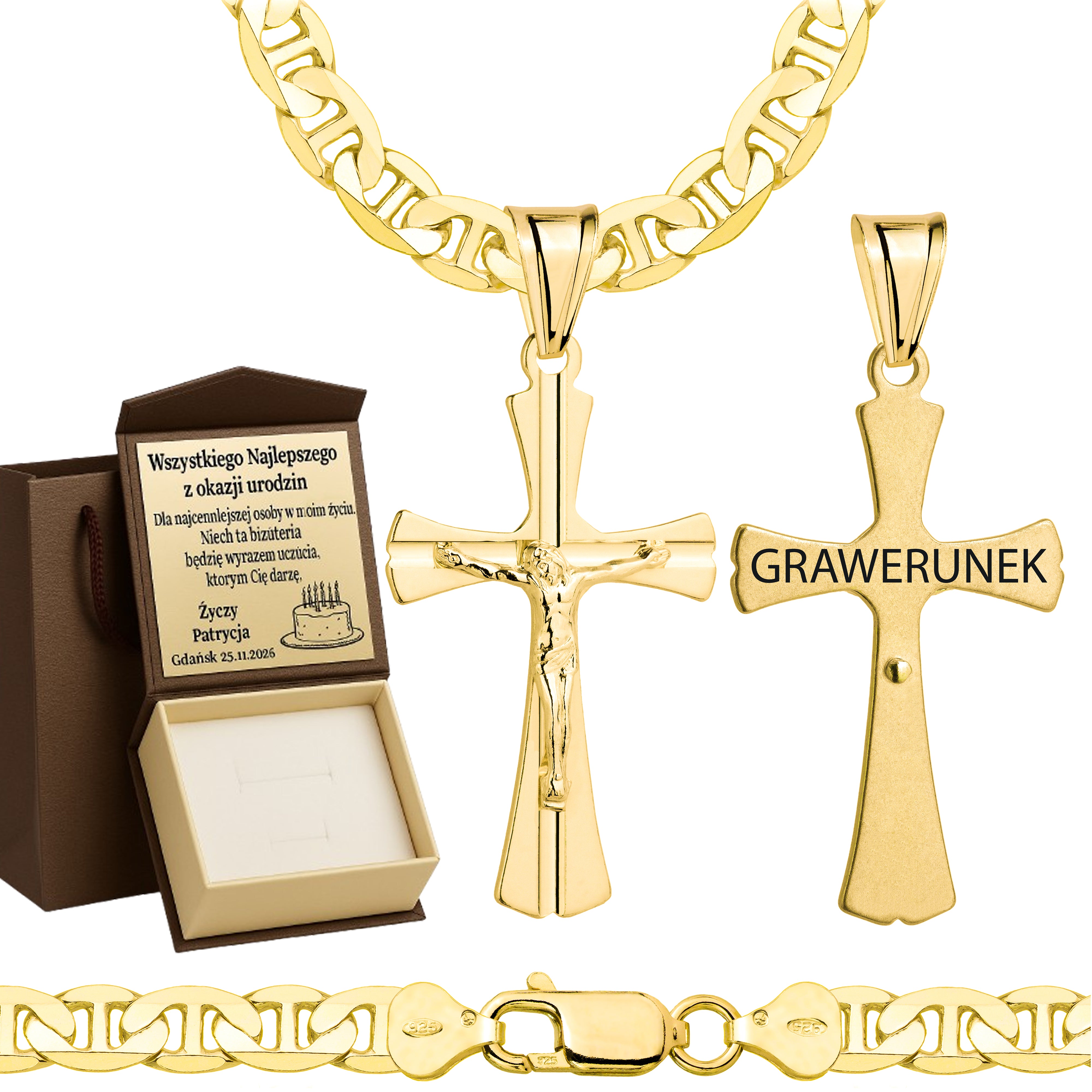 Łańcuszek pozłacany srebrny z krzyżykiem gucci 6,5mm pr. 925