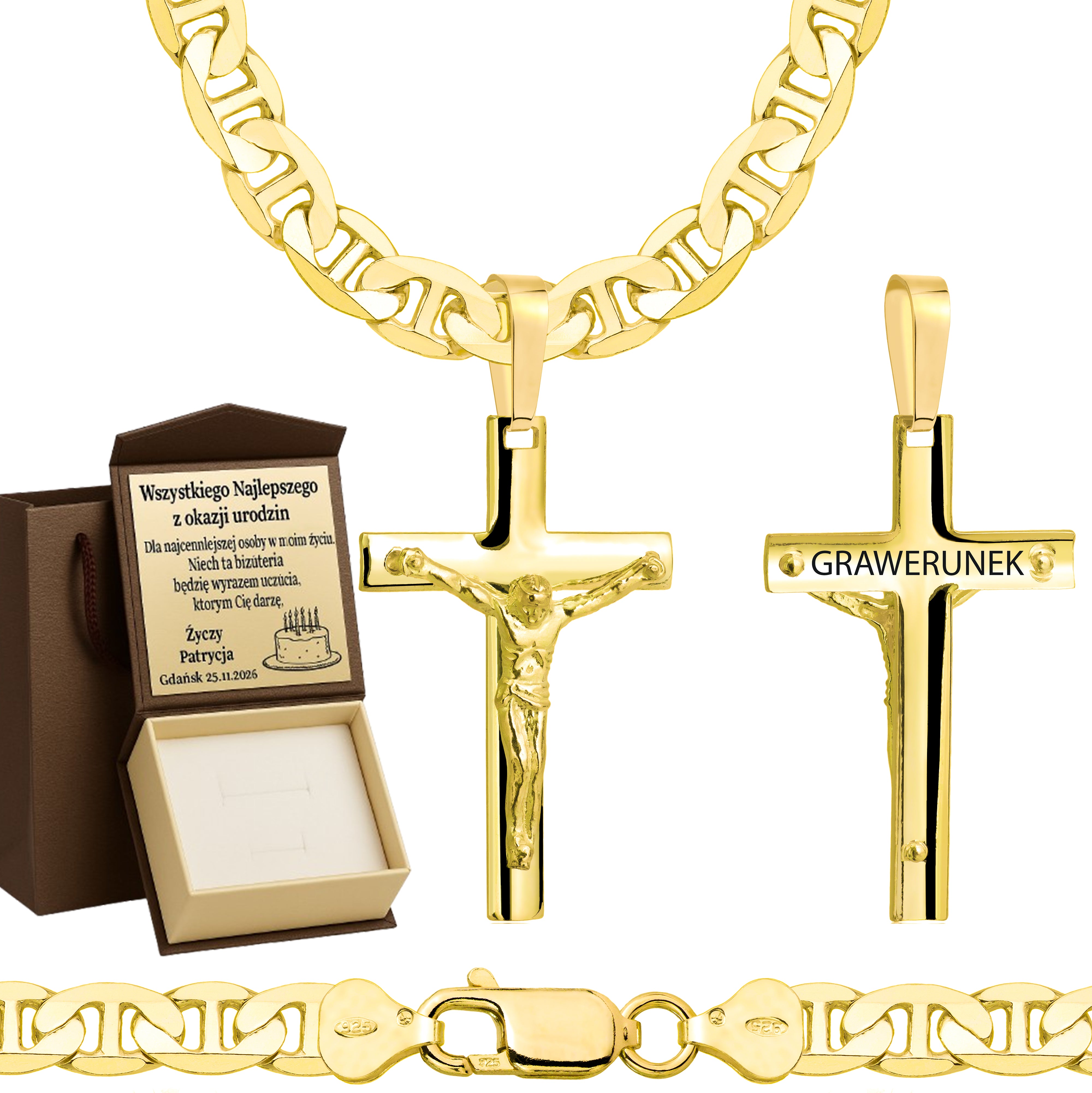 Łańcuszek pozłacany srebrny z krzyżykiem gucci 6,5mm pr. 925