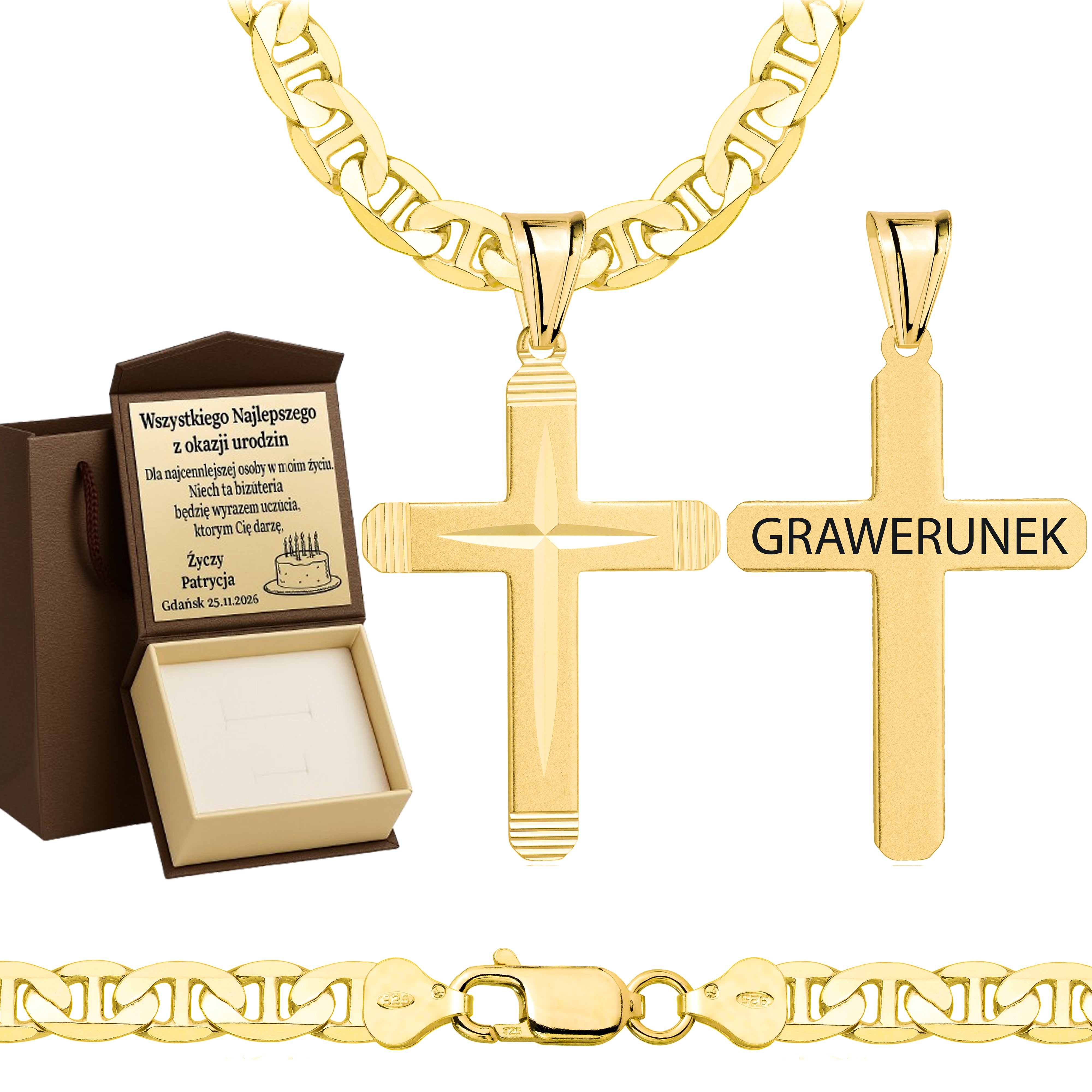 Łańcuszek pozłacany srebrny z krzyżykiem gucci 6,5mm pr. 925