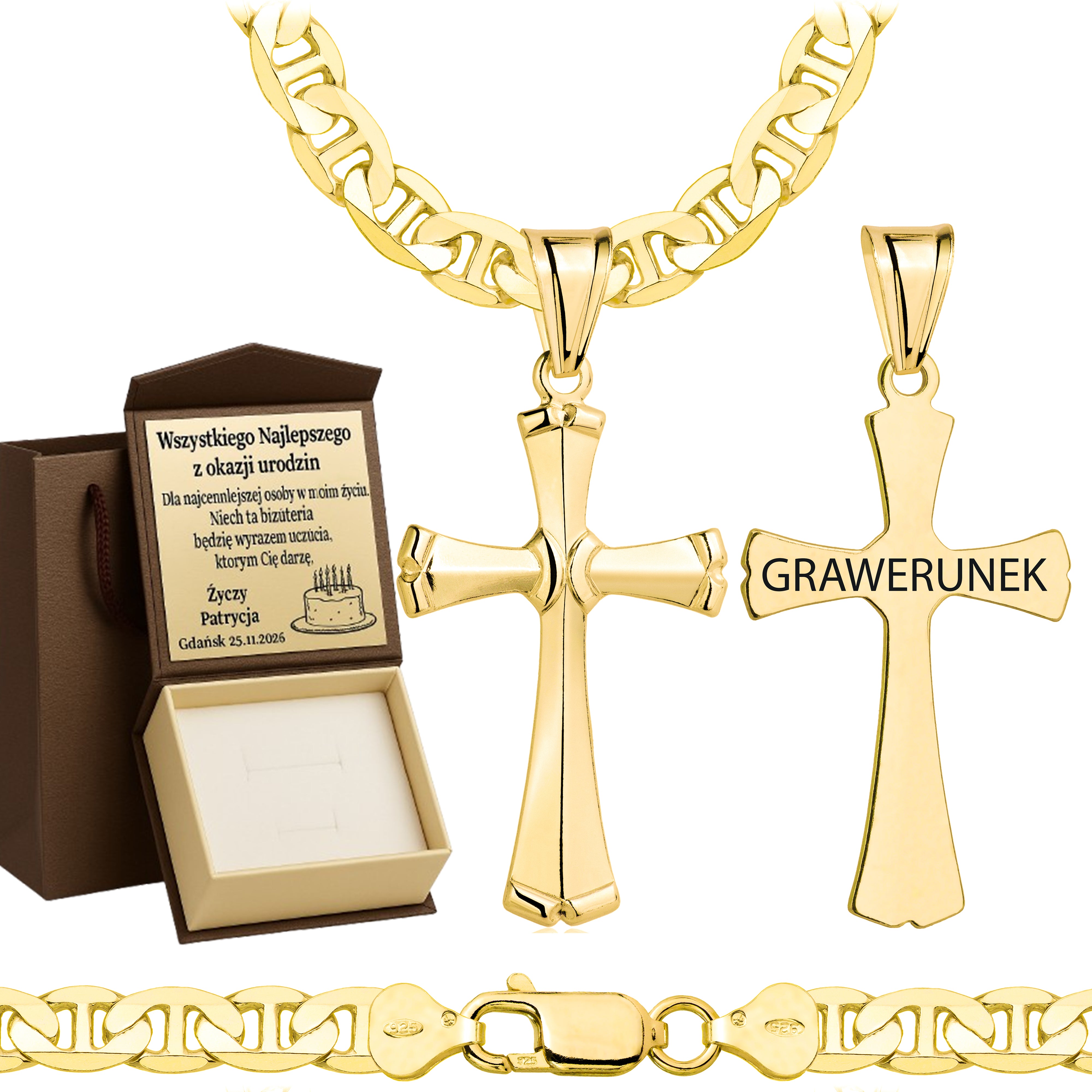 Łańcuszek pozłacany srebrny z krzyżykiem gucci 6,5mm pr. 925