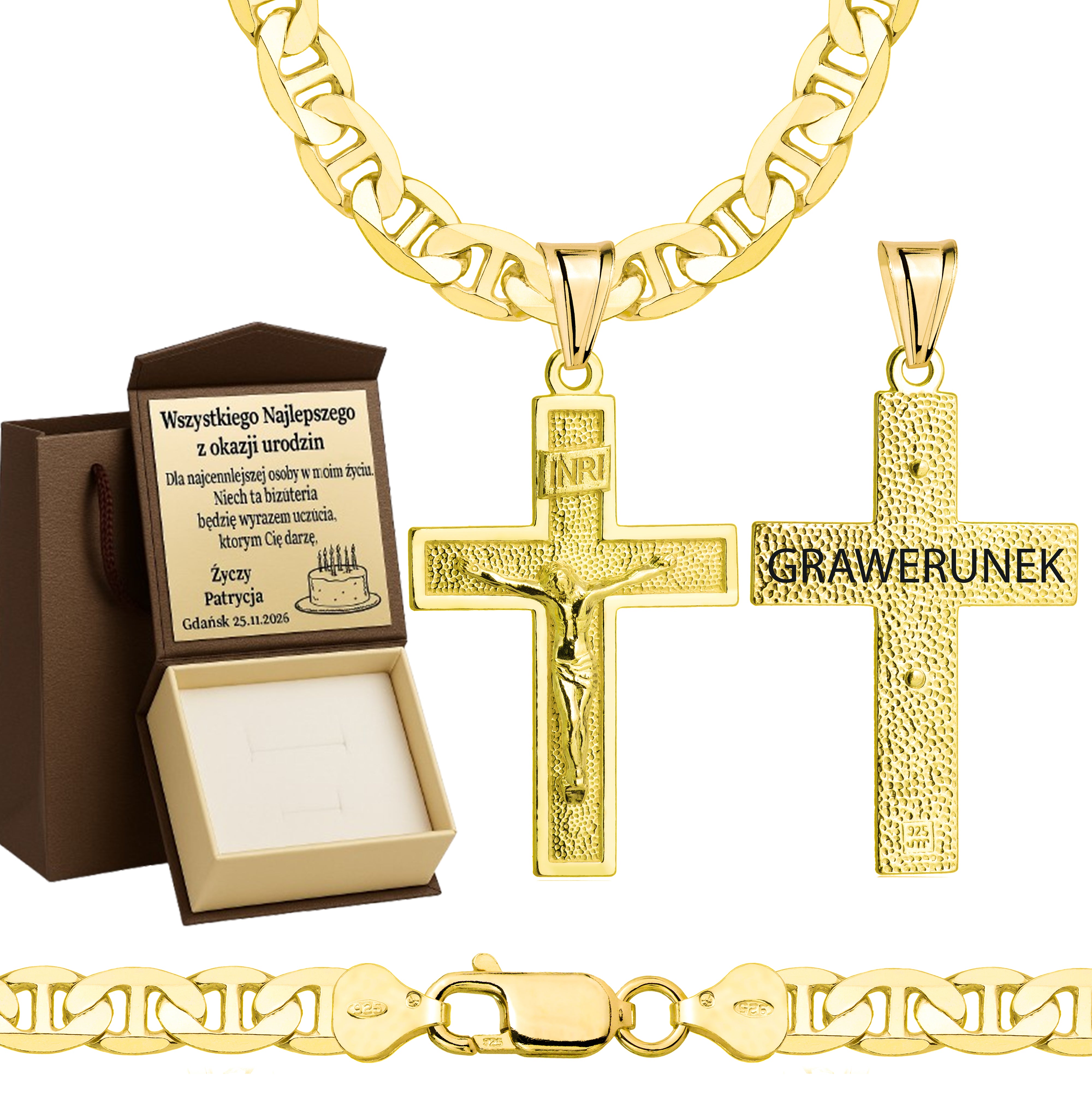 Łańcuszek pozłacany srebrny z krzyżykiem gucci 6,5mm pr. 925