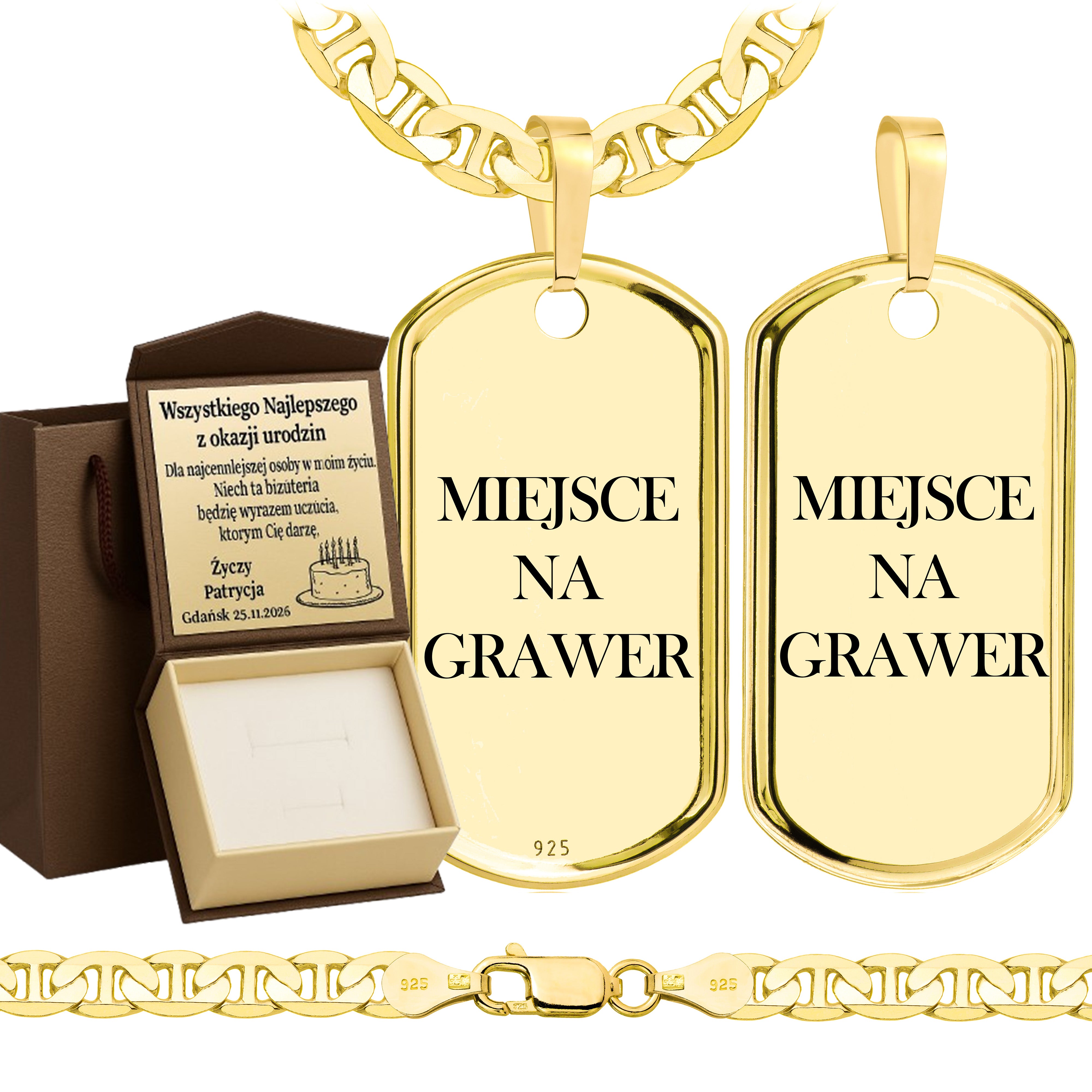 Łańcuszek pozłacany srebrny z nieśmiertelnikiem gucci 6,5mm pr. 925 585