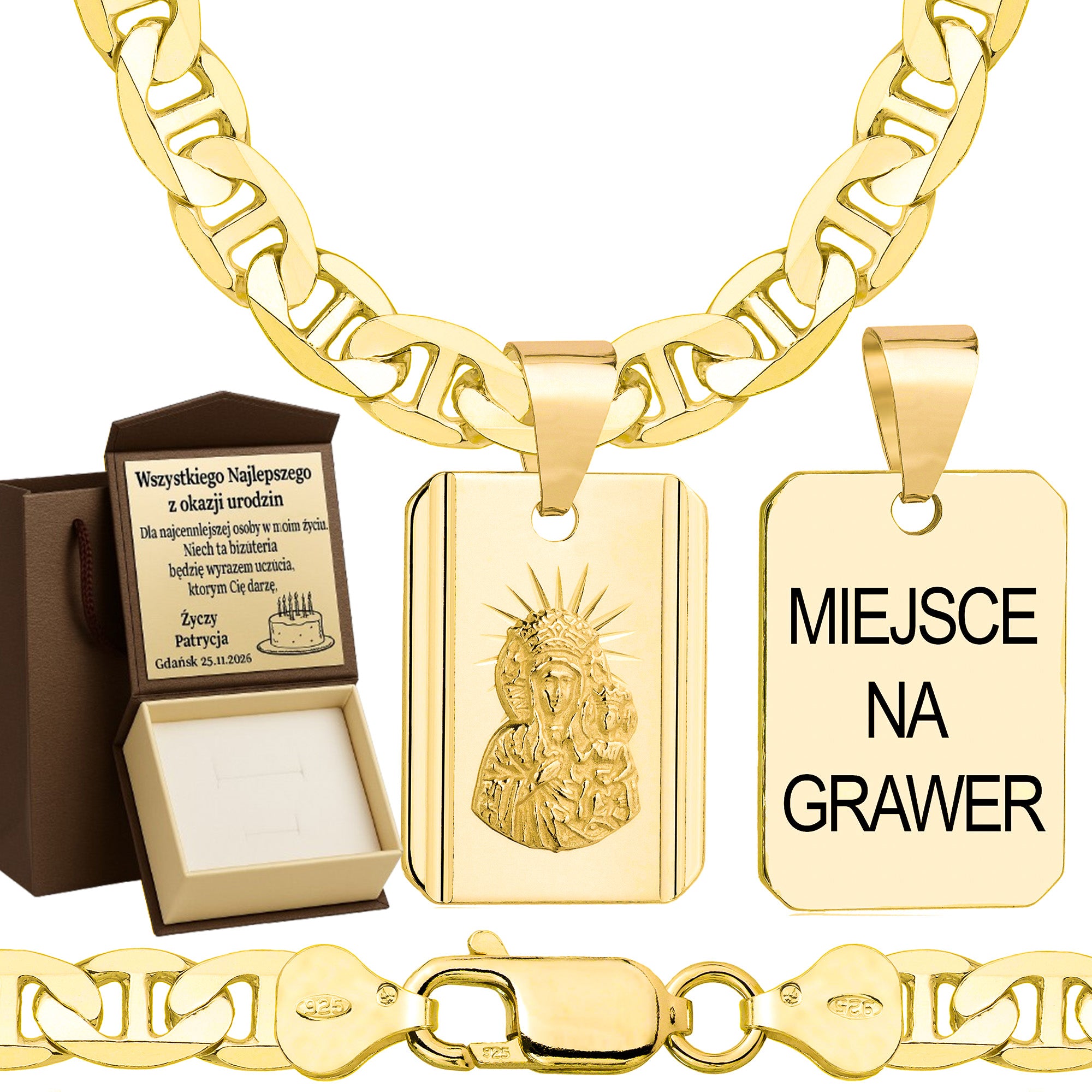 Łańcuszek pozłacany srebrny z medalikiem gucci 6,5mm pr. 925