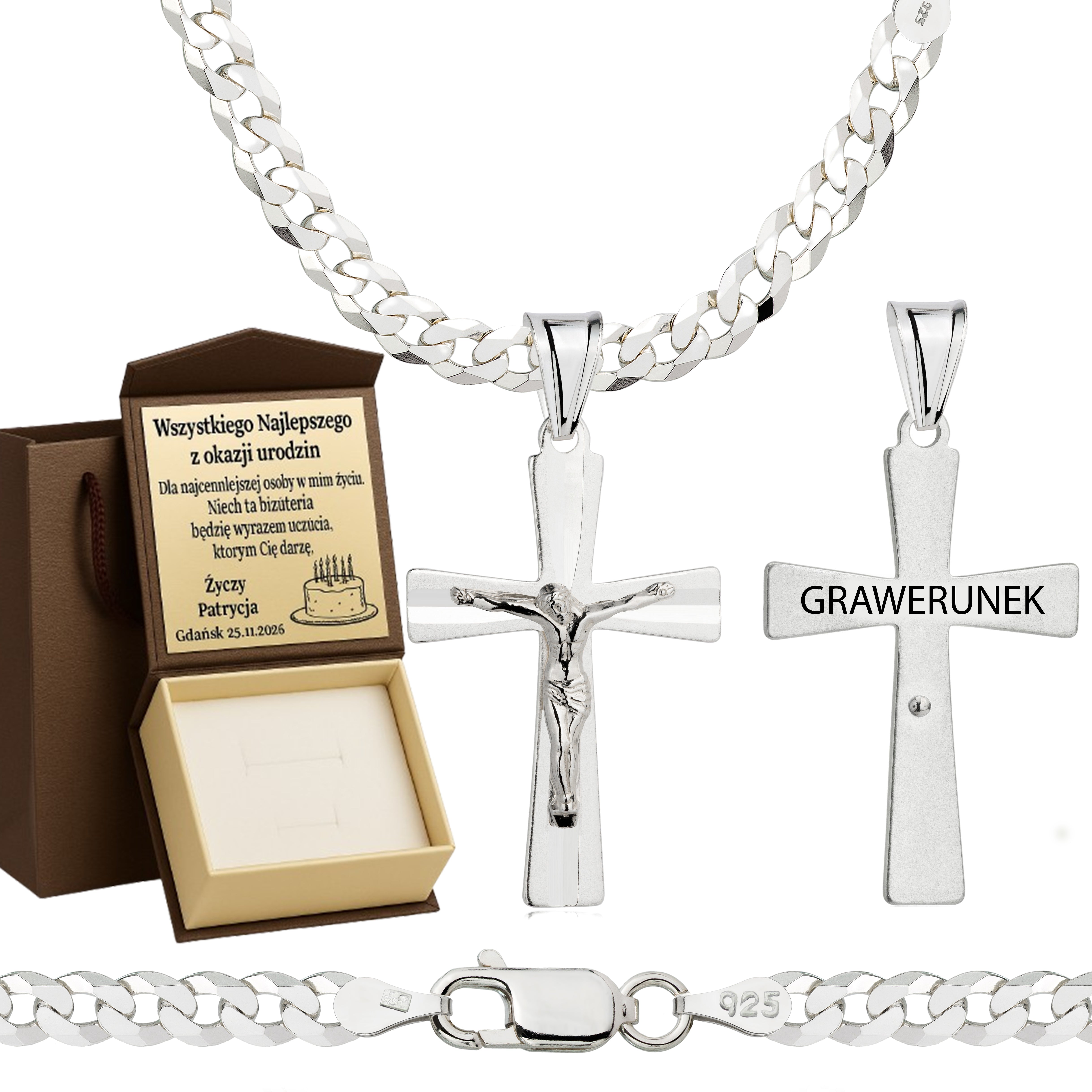 Łańcuszek srebrny z krzyżykiem pancerka 3,8mm pr. 925