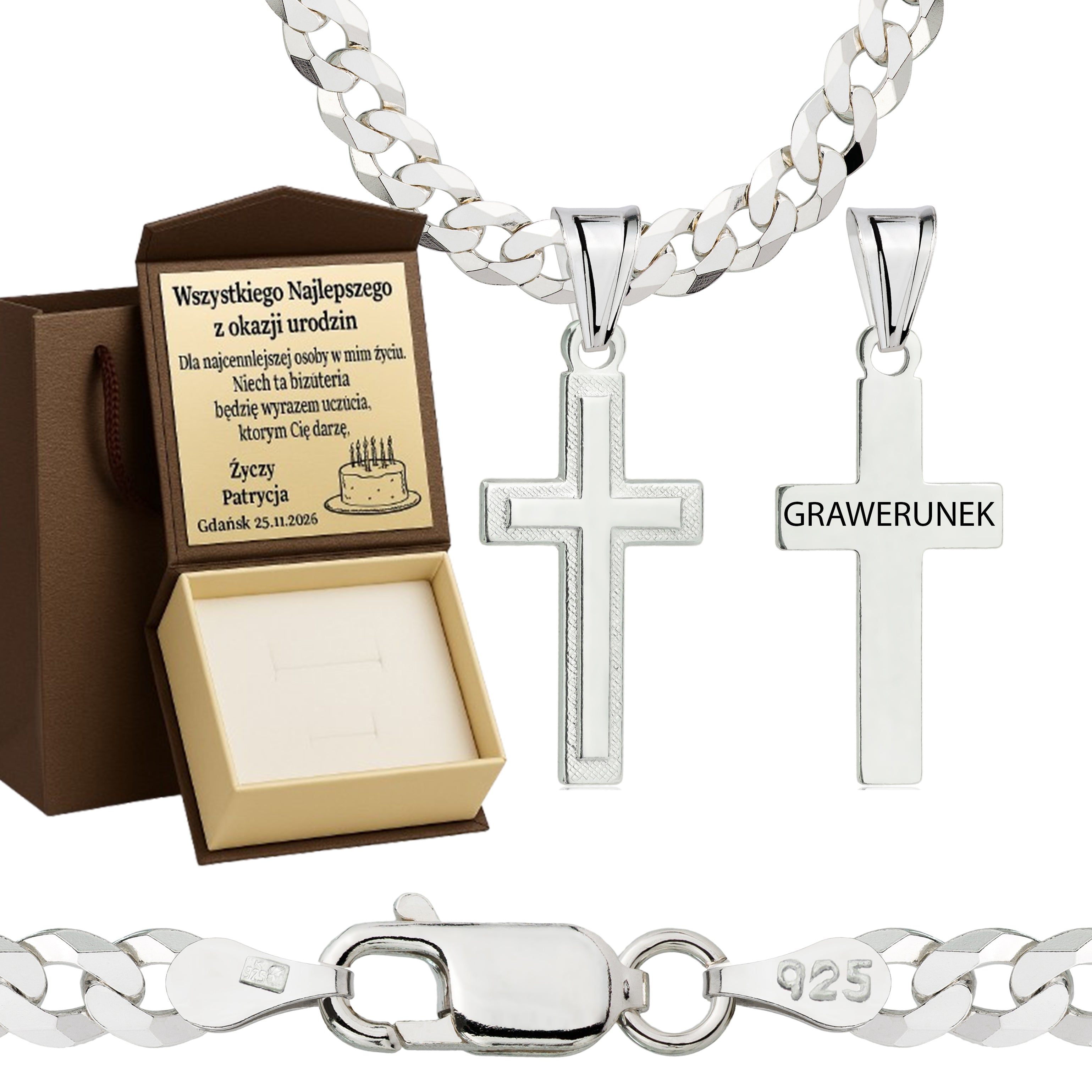 Łańcuszek srebrny z krzyżykiem pancerka 3,8mm pr. 925