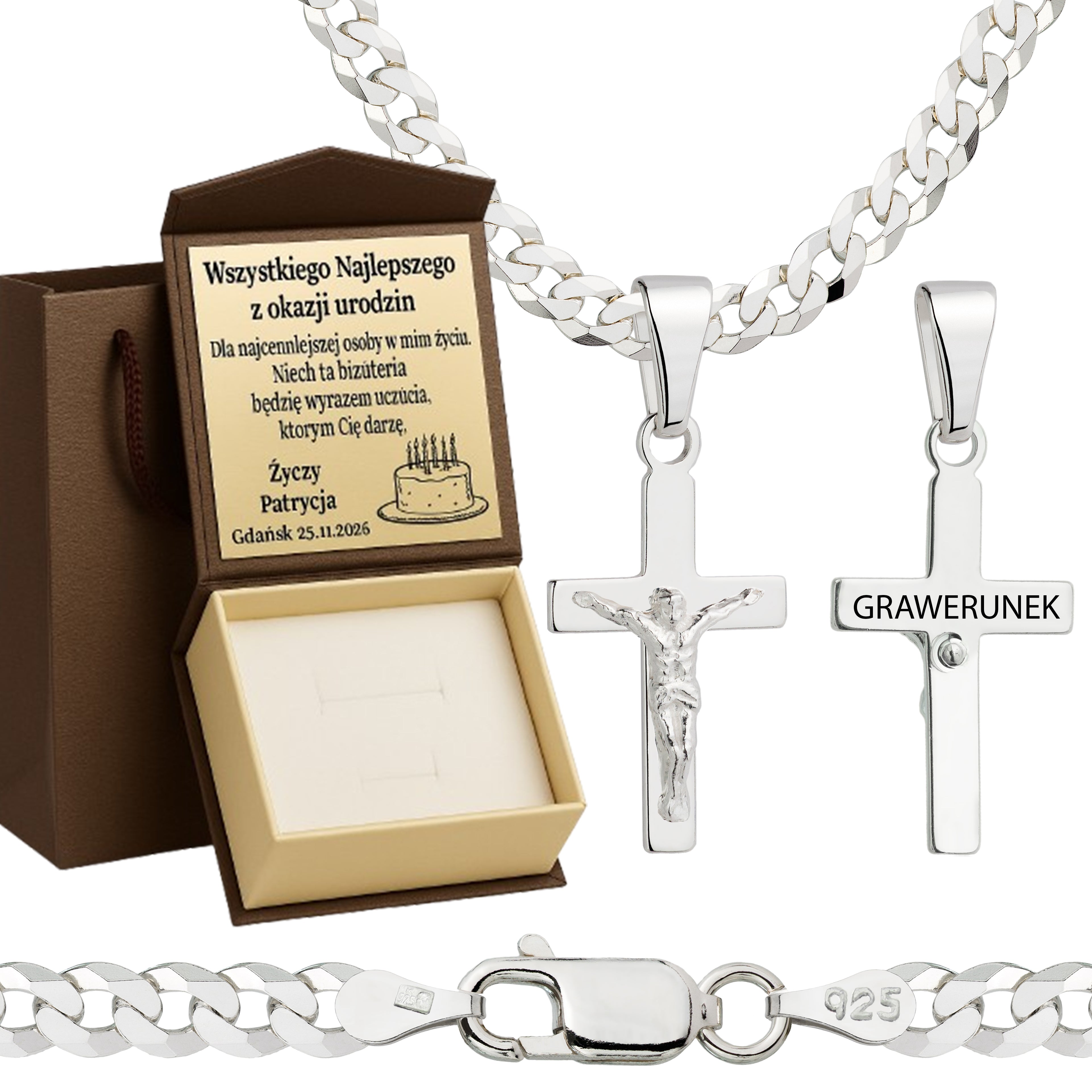 Łańcuszek srebrny z krzyżykiem pancerka 3,8mm pr. 925