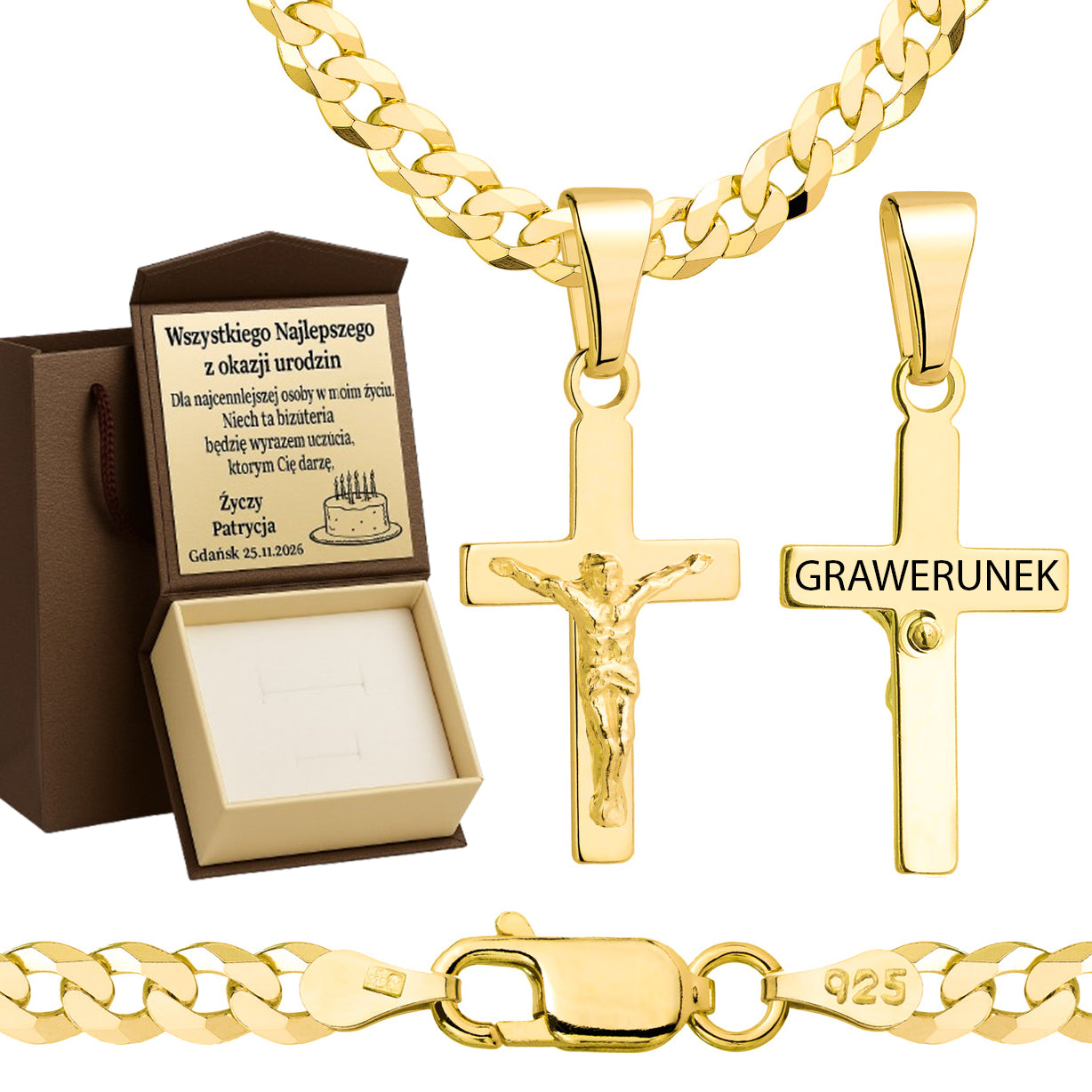 Łańcuszek pozłacany srebrny z krzyżykiem pancerka 3,8mm pr. 925