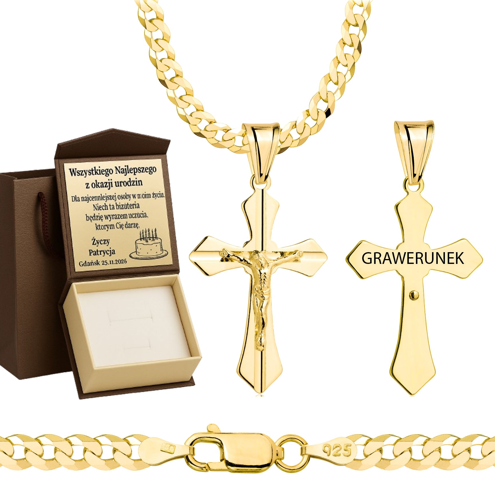 Łańcuszek pozłacany srebrny z krzyżykiem pancerka 3,8mm pr. 925