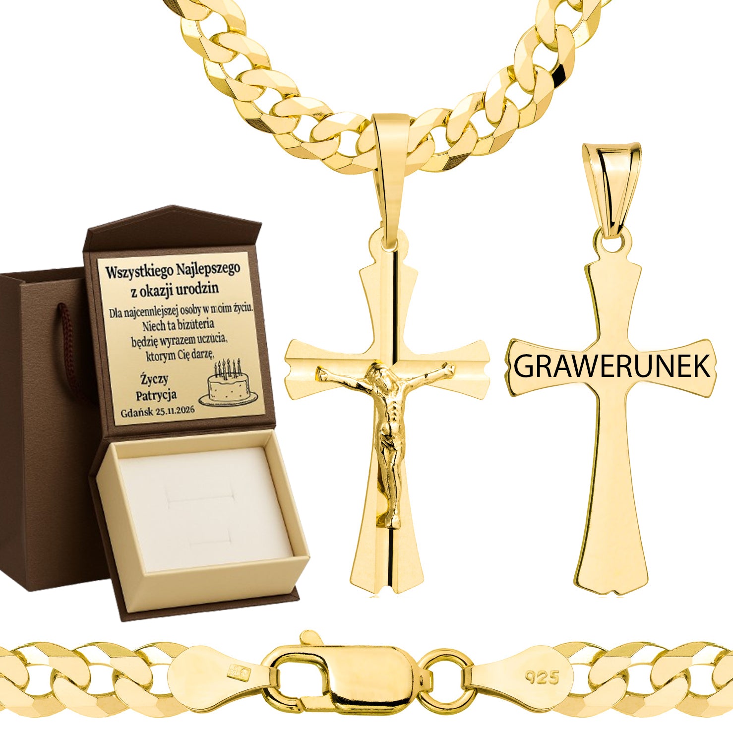 Łańcuszek pozłacany srebrny z krzyżykiem pancerka 5mm pr. 925
