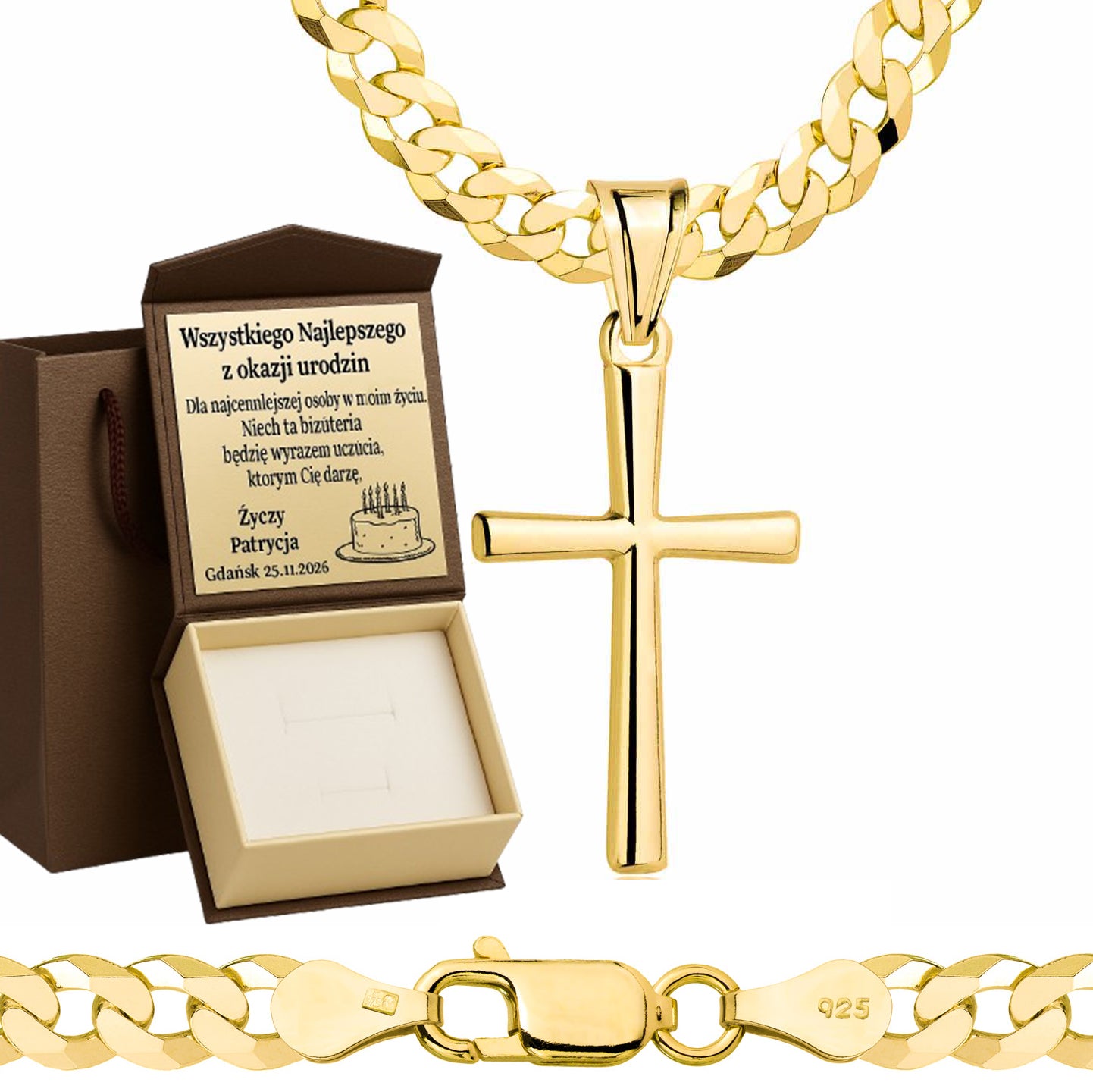 Łańcuszek pozłacany srebrny z krzyżykiem pancerka 5mm pr. 925