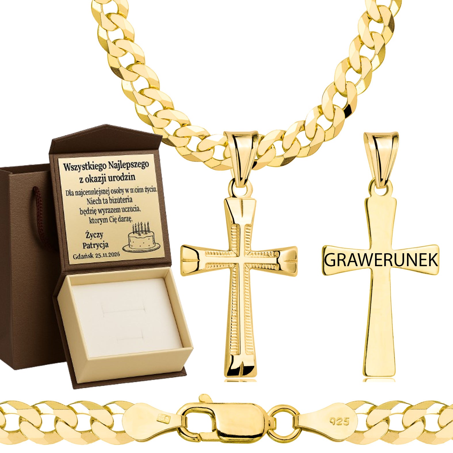 Łańcuszek pozłacany srebrny z krzyżykiem pancerka 5mm pr. 925