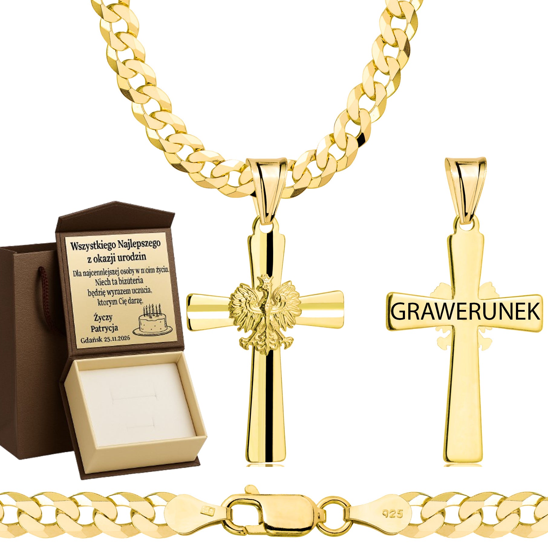 Łańcuszek pozłacany srebrny z krzyżykiem pancerka 5mm pr. 925