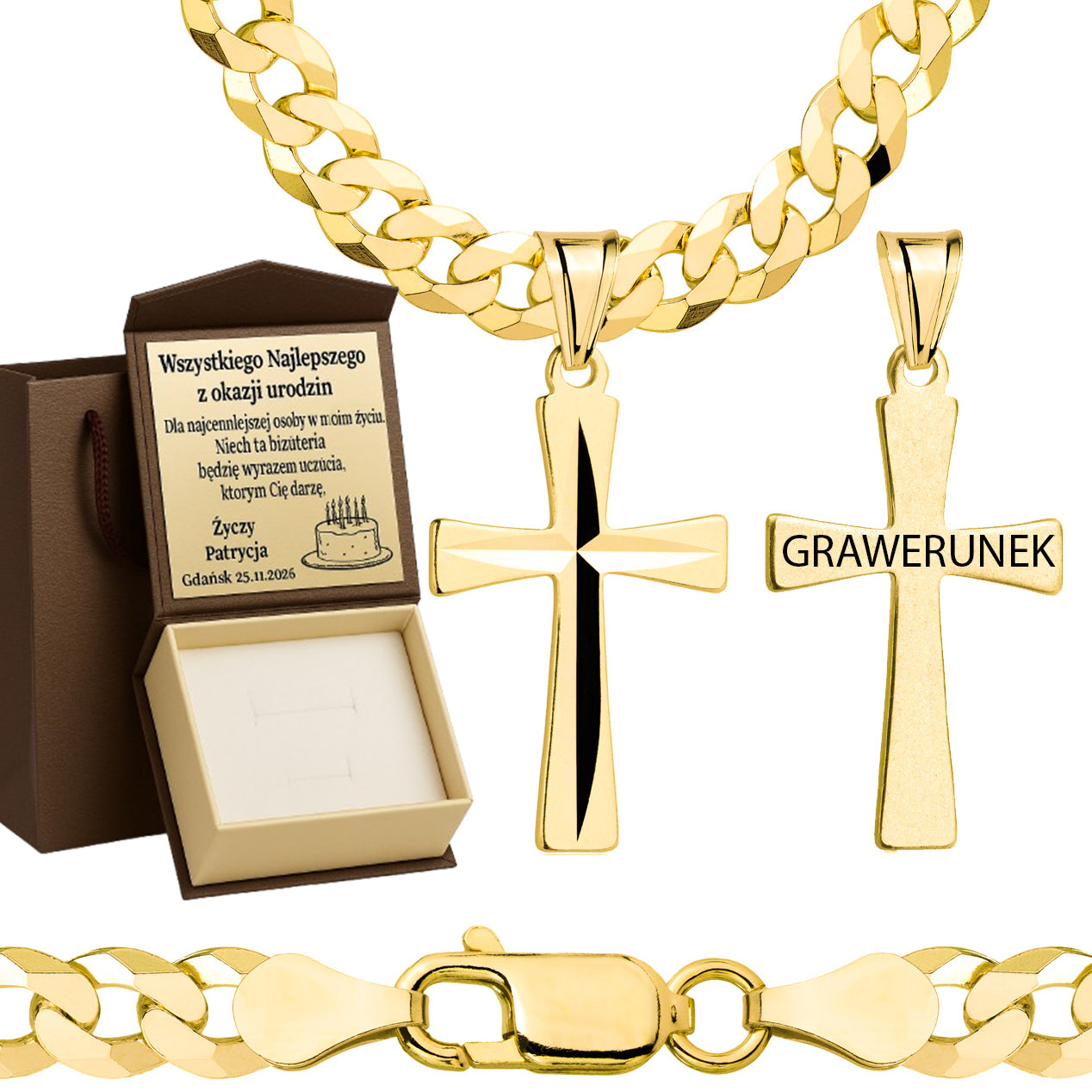 Łańcuszek pozłacany srebrny z krzyżykiem pancerka 5mm pr. 925