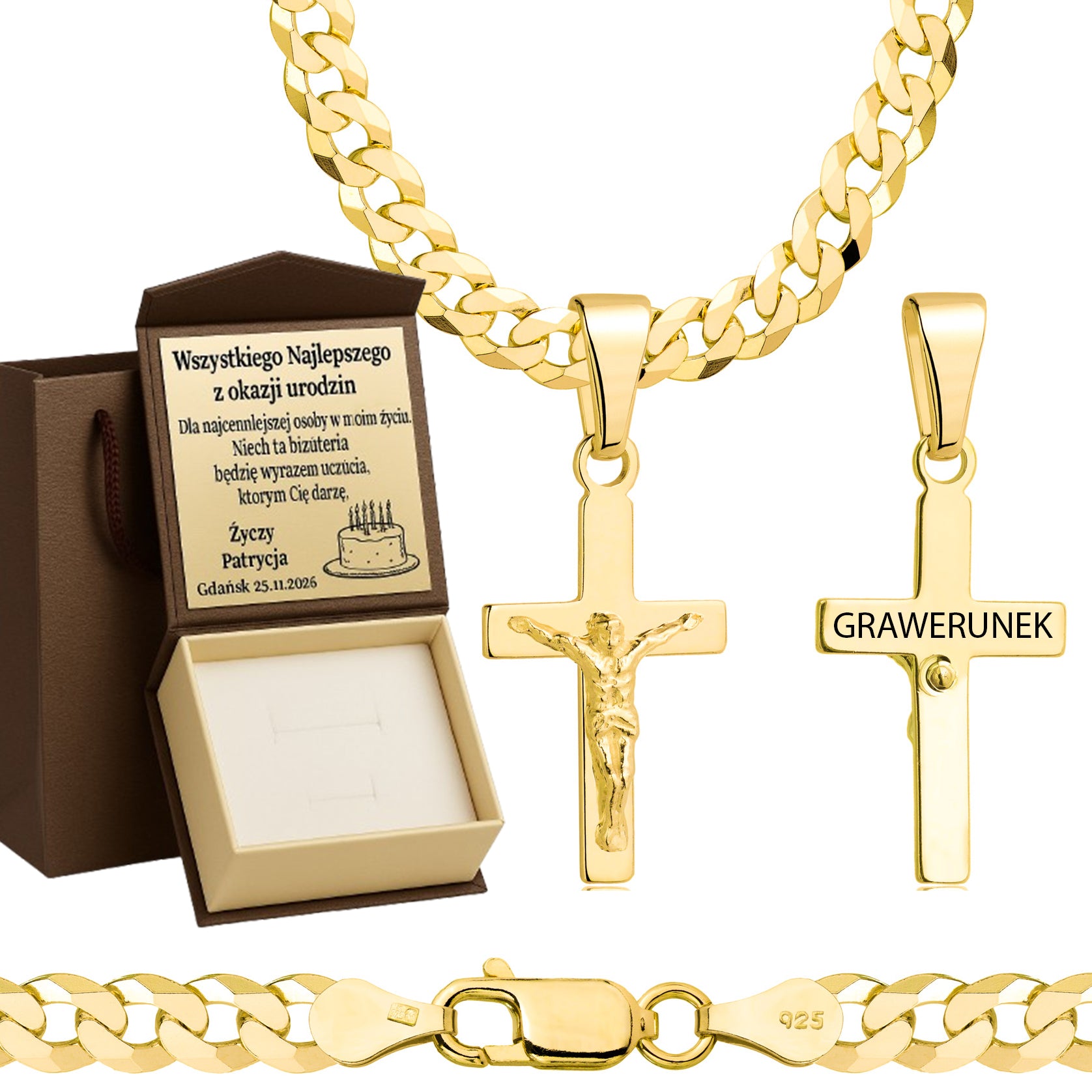 Łańcuszek pozłacany srebrny z krzyżykiem pancerka 5mm pr. 925