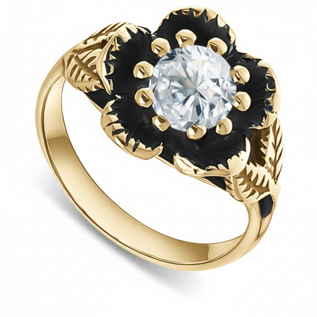 Pierścionek kwiat z cyrkonią 6mm oksydowany