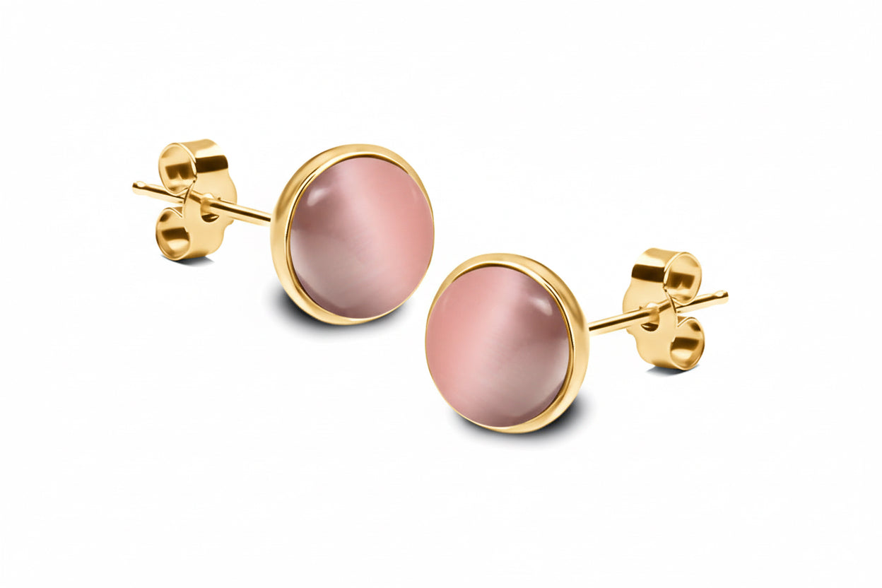 Kolczyki z kamieniem z efektem kociego oczka różowe srebro pozłacane