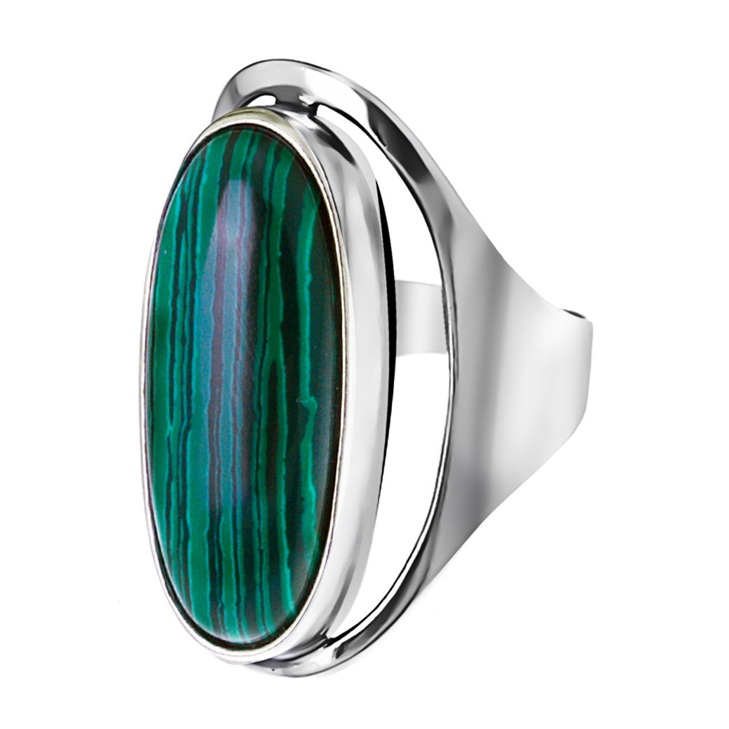 Wysoki pierścionek z 3cm kamieniem - malachitem