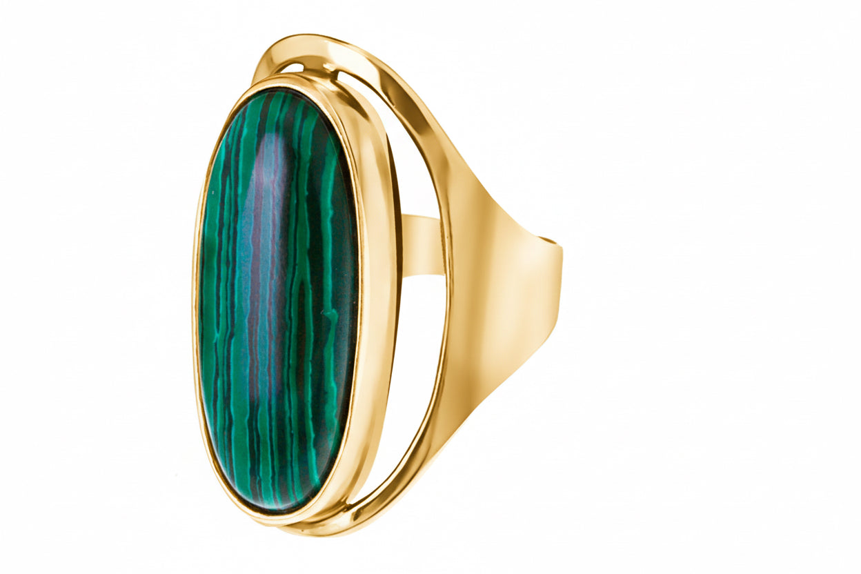 Wysoki pierścionek z 3cm kamieniem - malachitem srebro pozłacane