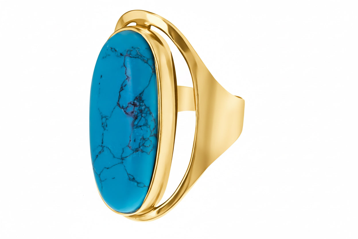 Wysoki pierścionek z 3cm kamieniem - turkusem srebro pozłacane