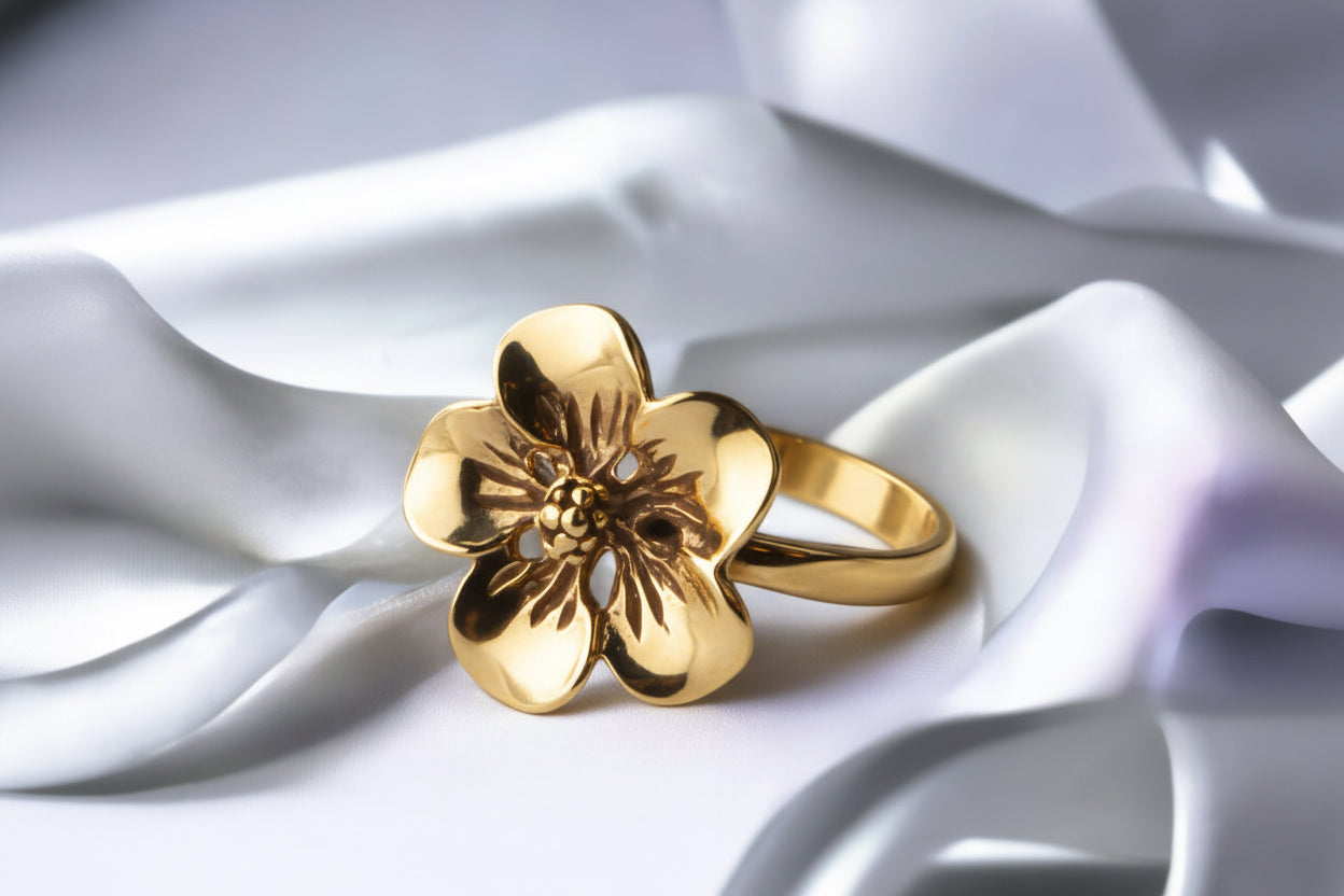 Pierścionek kwiat z błyszczącymi płatkami srebro pozłacane