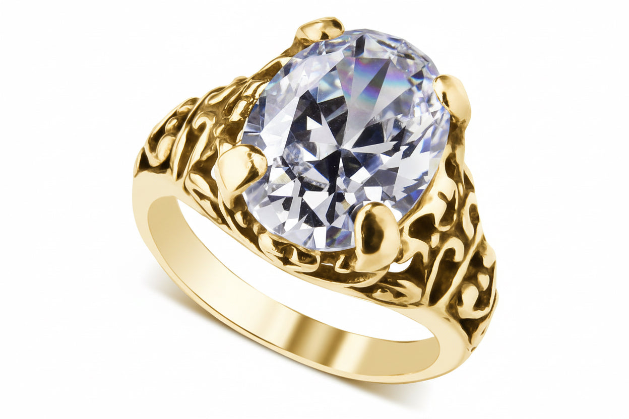 Pierścionek bogato zdobiony z owalną cyrkonią