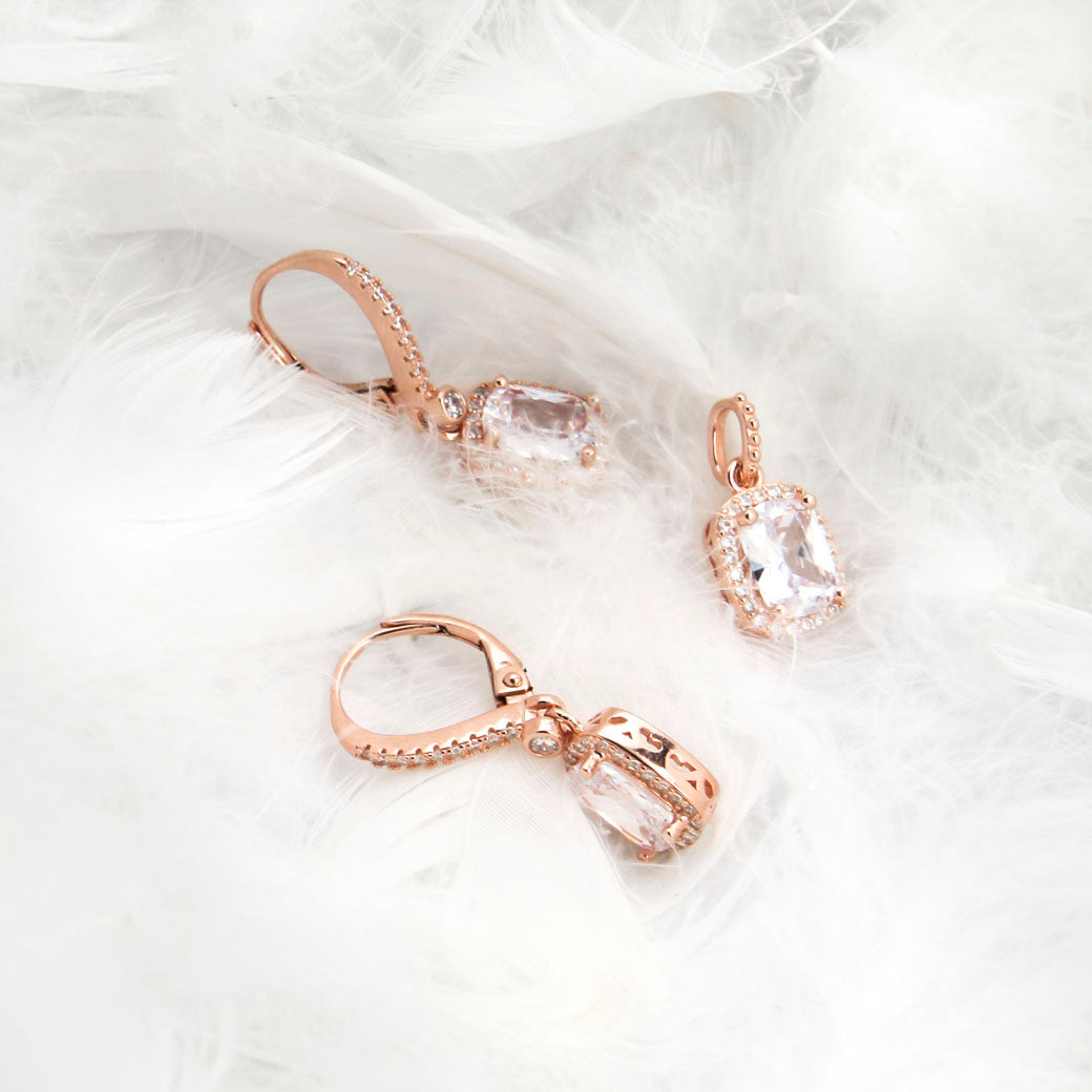 Komplet - kolczyki wisiorek - różowe złoto