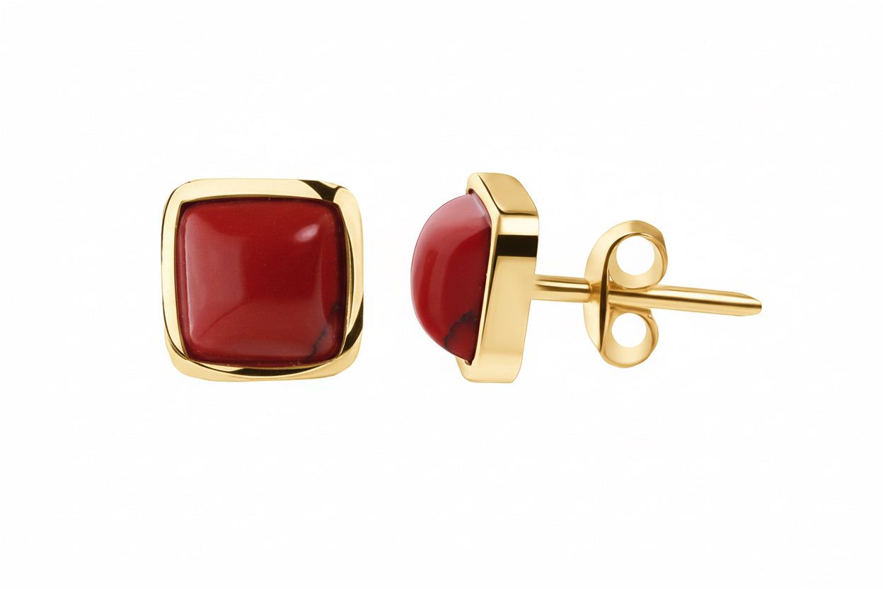 Kolczyki kwadratowe z koralem Ekranowe Wspomnienia srebro pozłacane