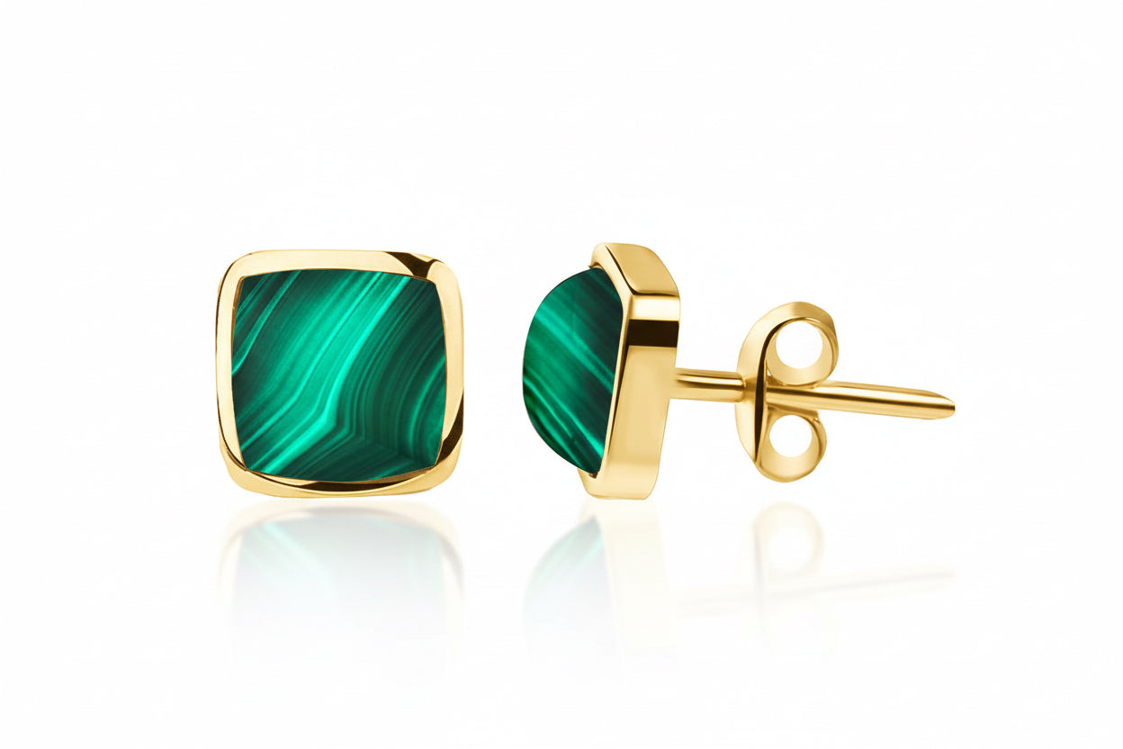 Kolczyki kwadratowe z malachitem Ekranowe Wspomnienia srebro pozłacane