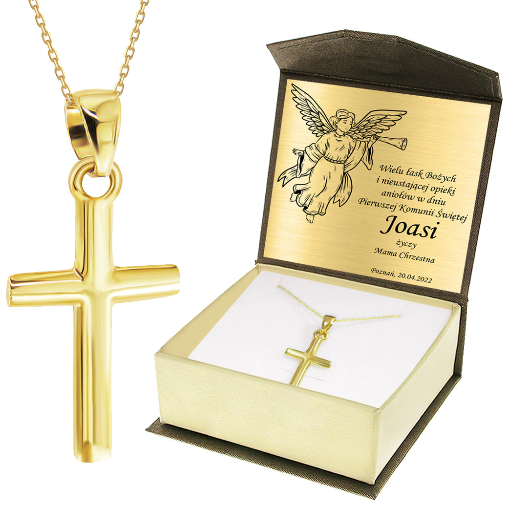 Krzyżyk z łańcuszkiem ze złota + pudełko z grawerem Pamiątka I Komunii Świętej