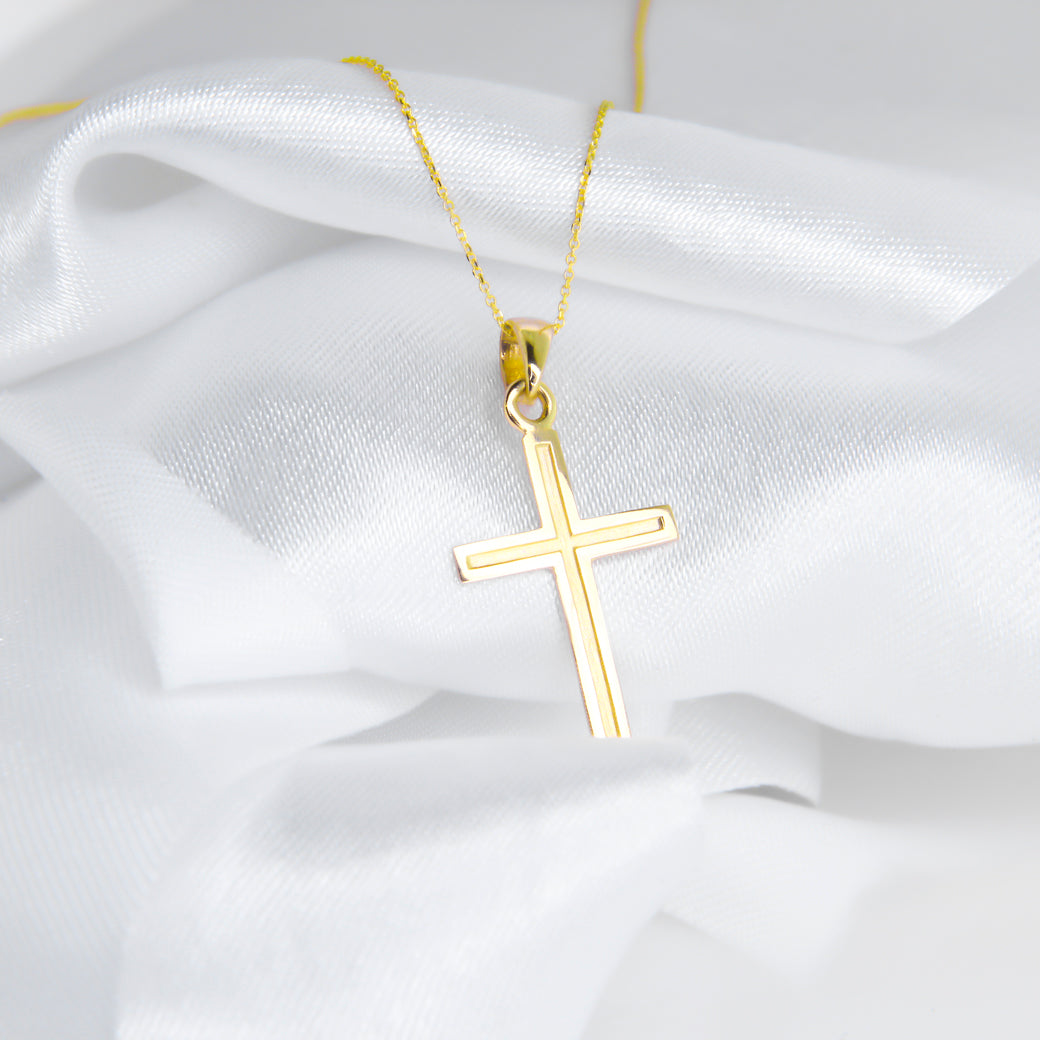 Krzyżyk z łańcuszkiem ze złota + pudełko z grawerem Pamiątka I Komunii Świętej