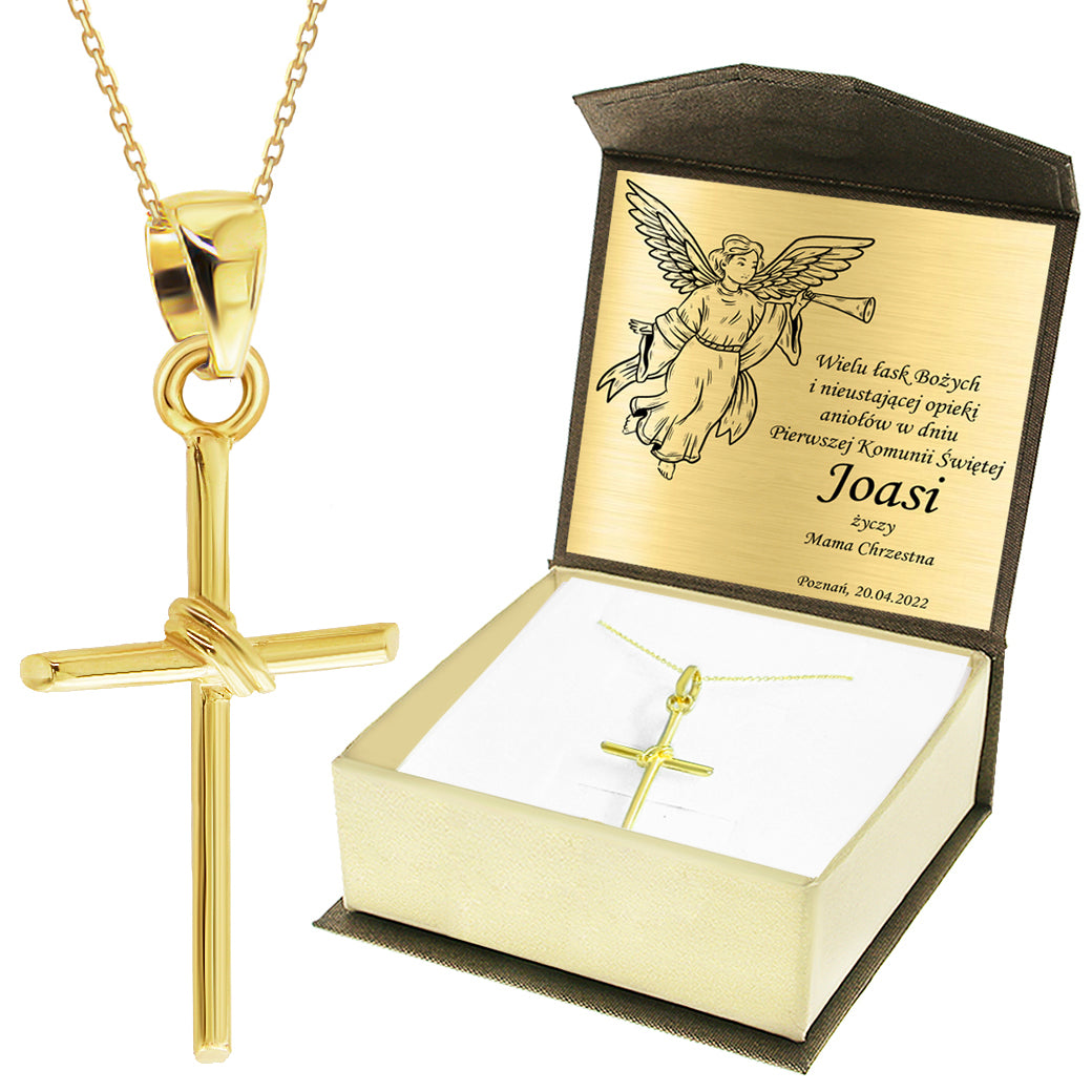 Krzyżyk z łańcuszkiem ze złota + pudełko z grawerem Pamiątka I Komunii Świętej