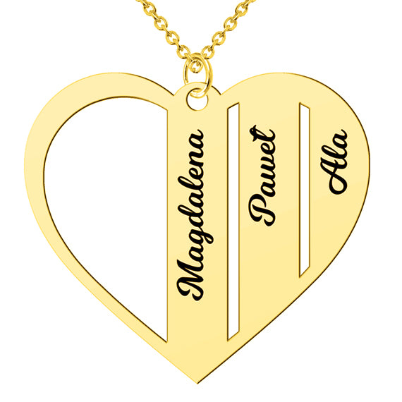 Naszyjnik serce z imionami dzieci - 3 imiona - pozłacany