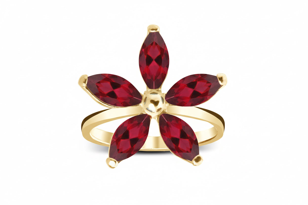 Pierścionek kwiat z rubinowymi cyrkoniami