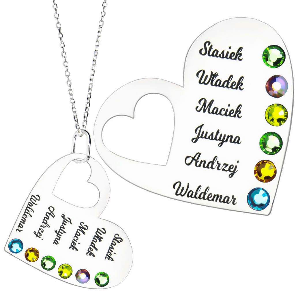 Naszyjnik z imionami dzieci i kamieniami narodzin