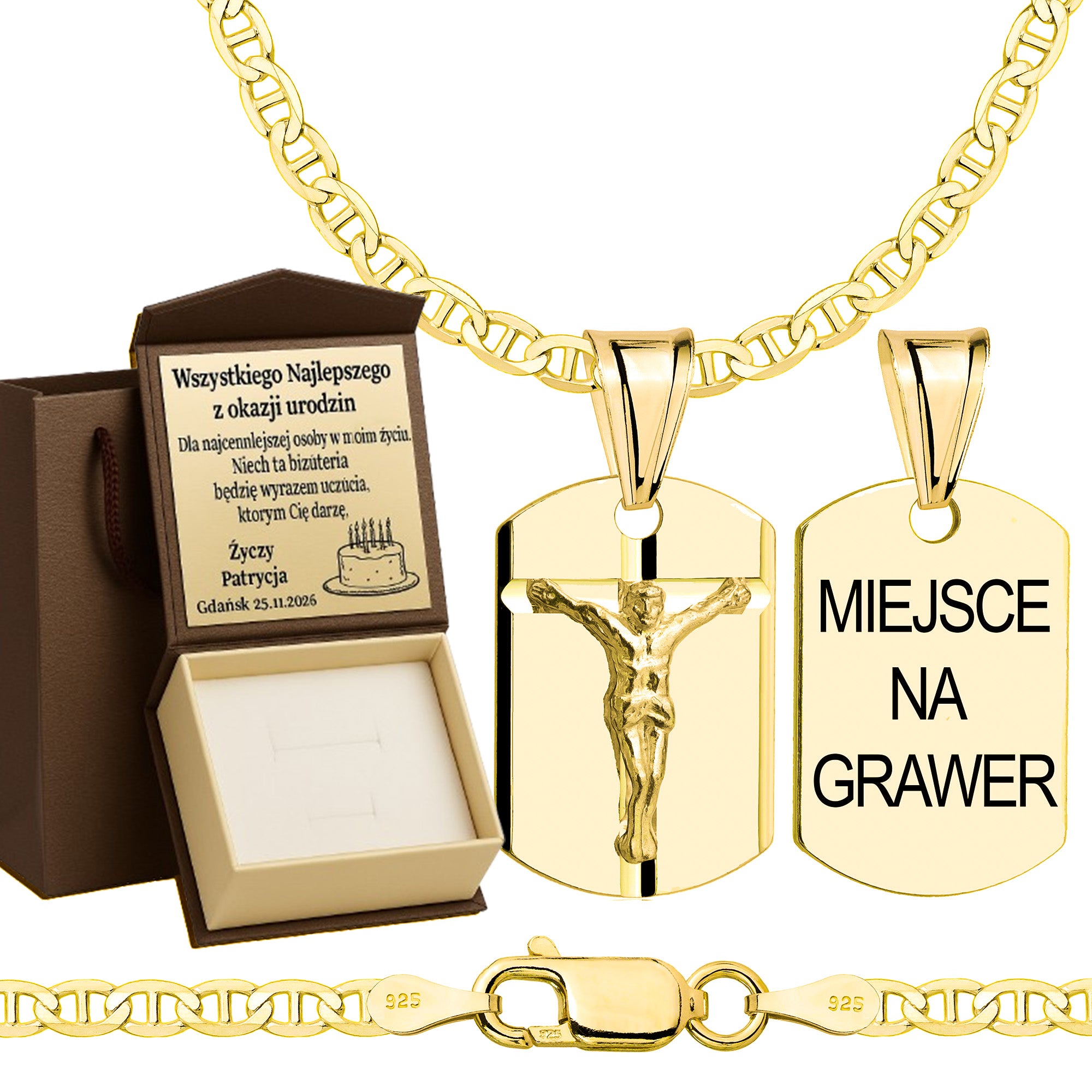 Łańcuszek pozłacany srebrny z medalikiem gucci 2,6mm pr. 925