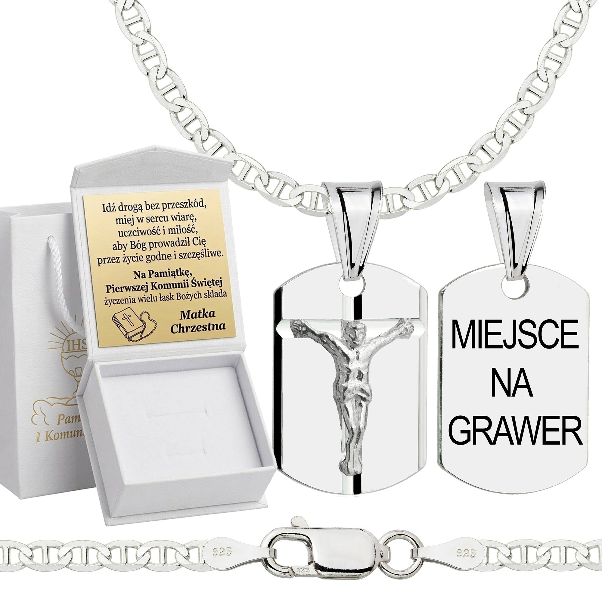 Łańcuszek komunijny srebrny z medalikiem gucci 2,6mm z grawerowanym pudełeczkiem i zawieszką pr. 925