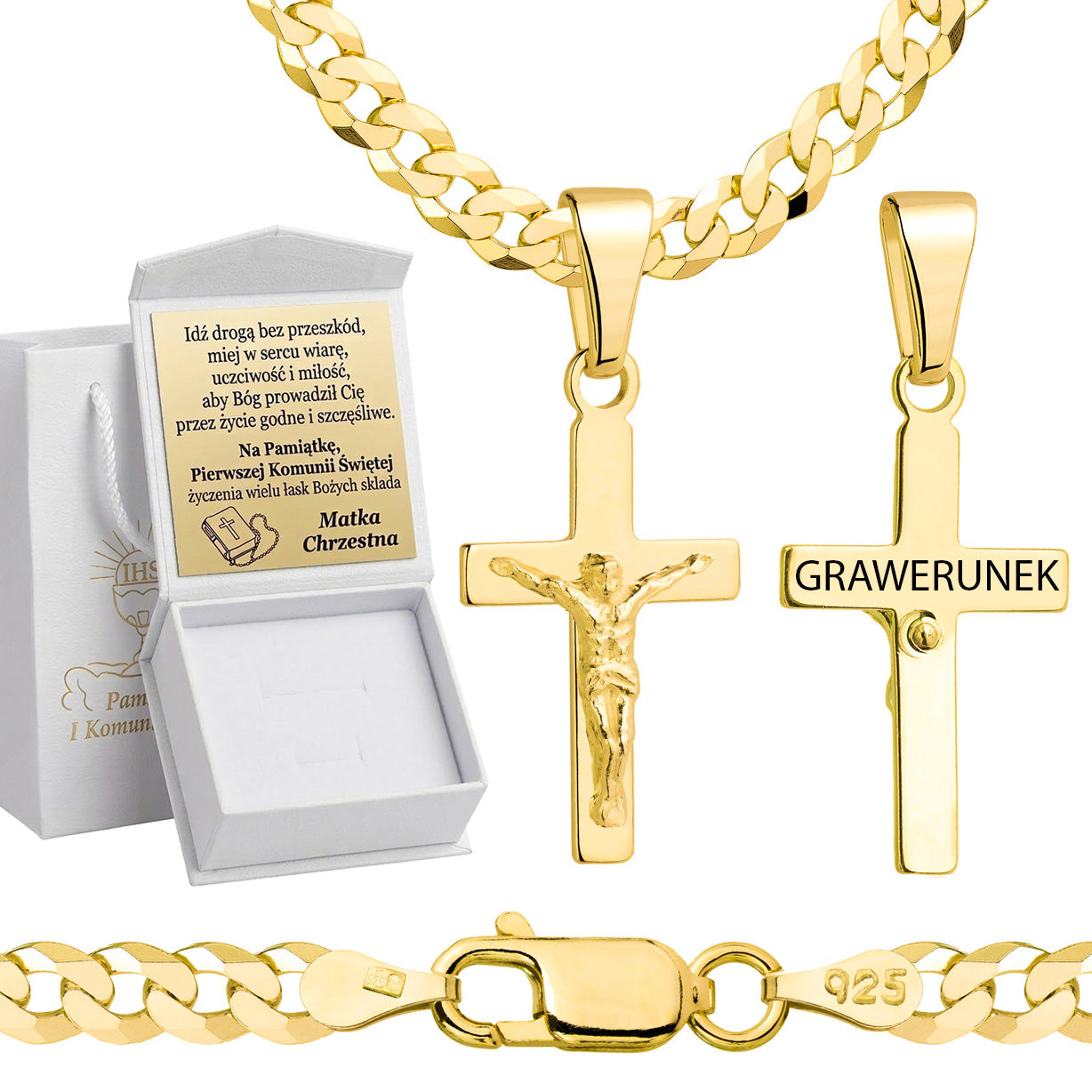 Łańcuszek komunijny pozłacany srebrny pancerka z krzyżykiem 3,8mm z grawerowanym pudełeczkiem i zawieszką pr. 925