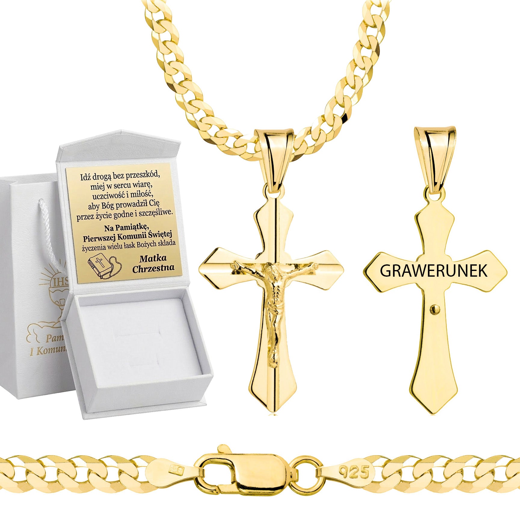 Łańcuszek komunijny pozłacany srebrny pancerka z krzyżykiem 3,8mm z grawerowanym pudełeczkiem i zawieszką pr. 925
