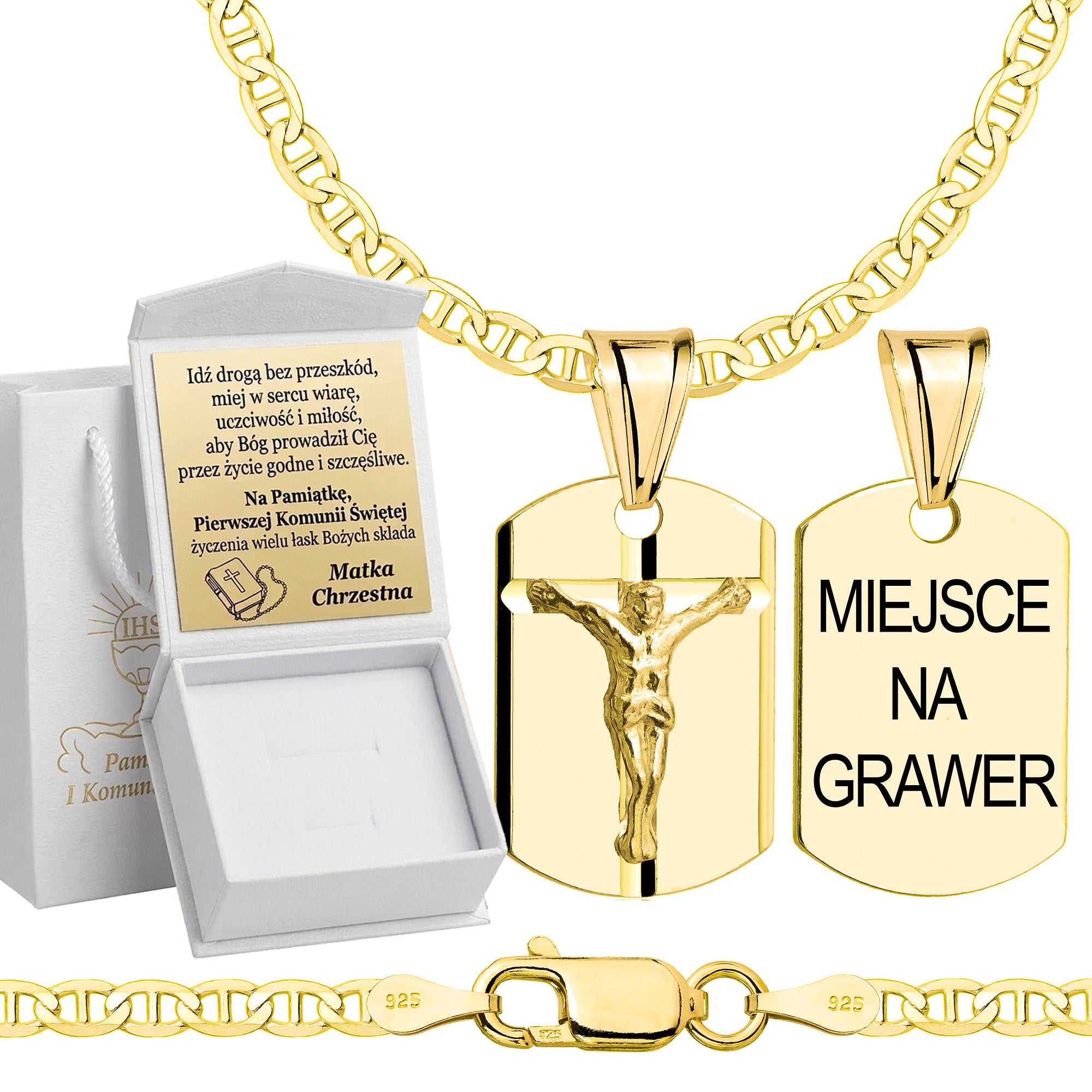 Łańcuszek komunijny pozłacany srebrny gucci z medalikiem 2,6mm z grawerowanym pudełeczkiem i zawieszką pr. 925