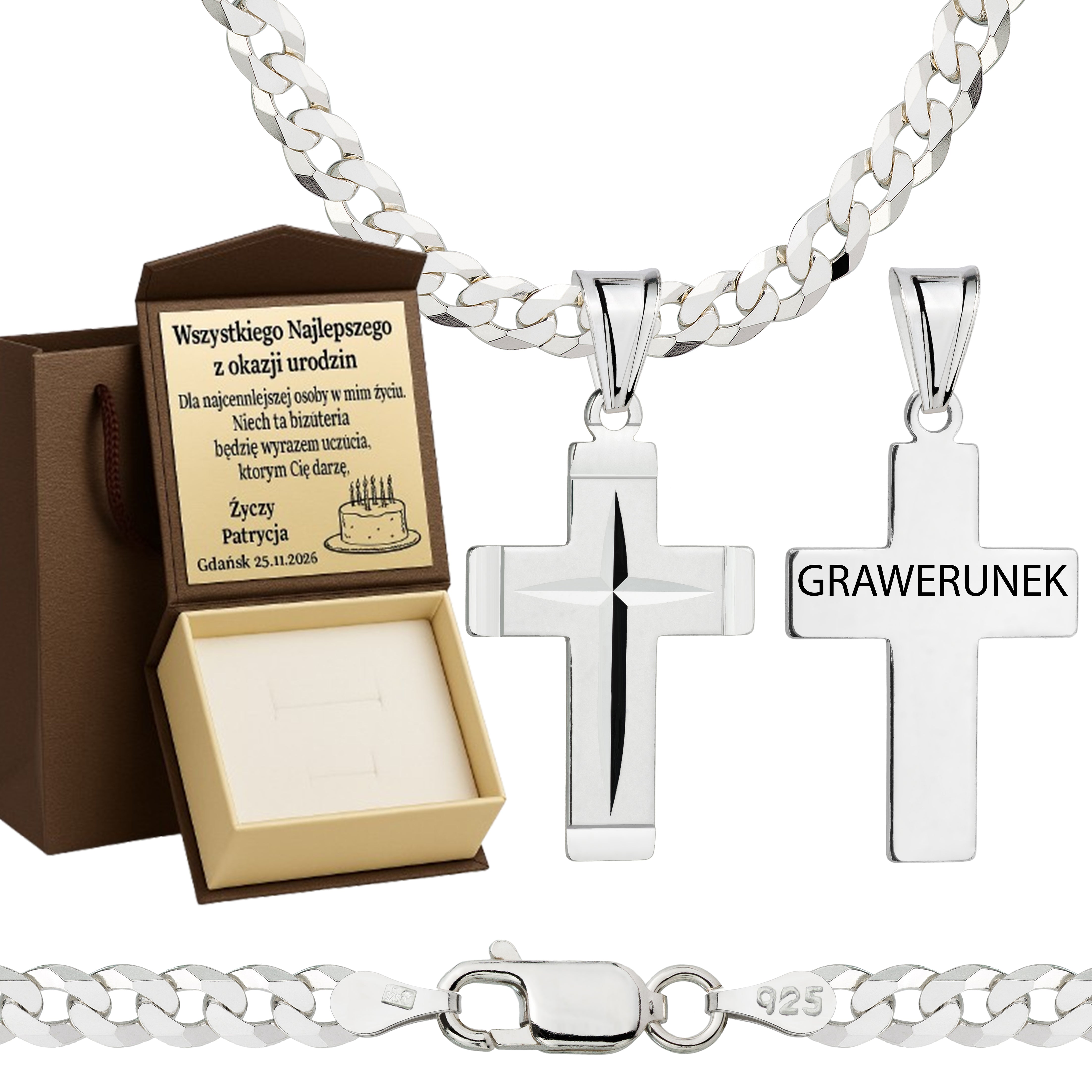 Łańcuszek srebrny z krzyżykiem pancerka 2mm pr. 925