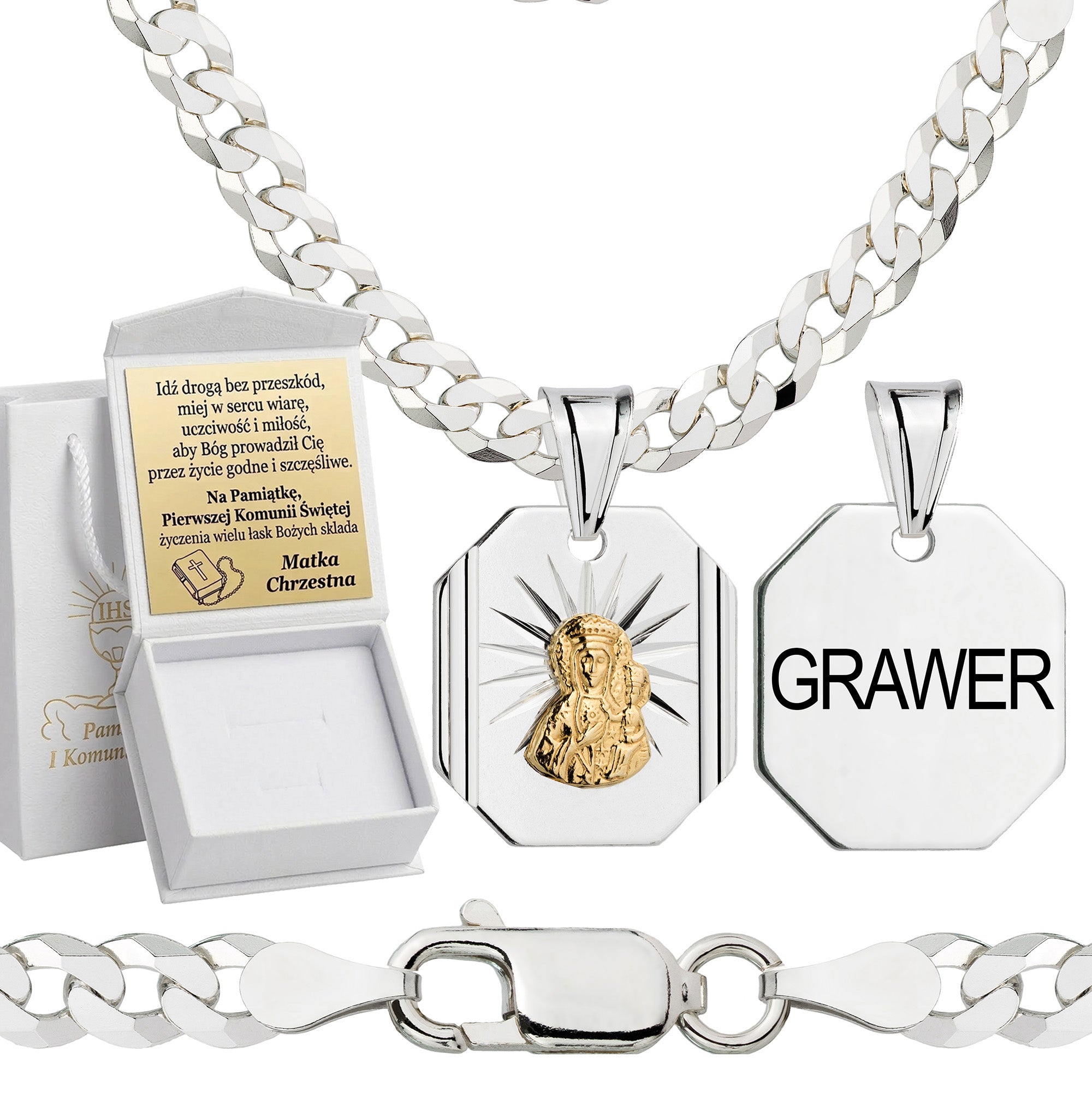 Łańcuszek komunijny srebrny z medalikiem pancerka 3,8mm z grawerowanym pudełeczkiem i zawieszką pr. 925