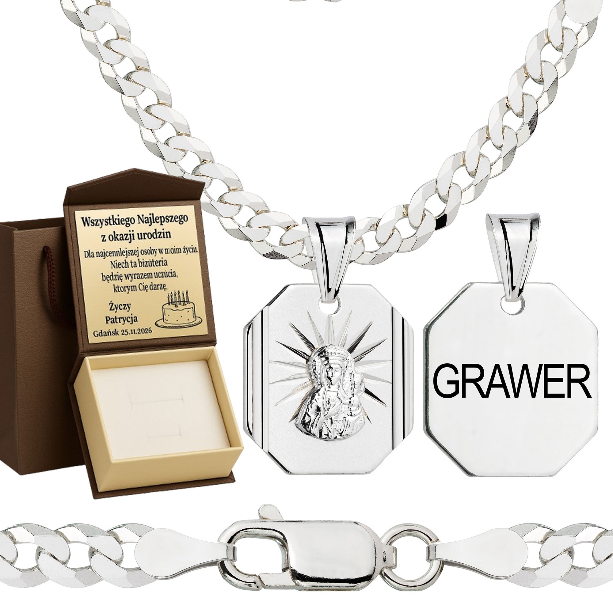 Łańcuszek srebrny z medalikiem pancerka 3,8mm pr. 925