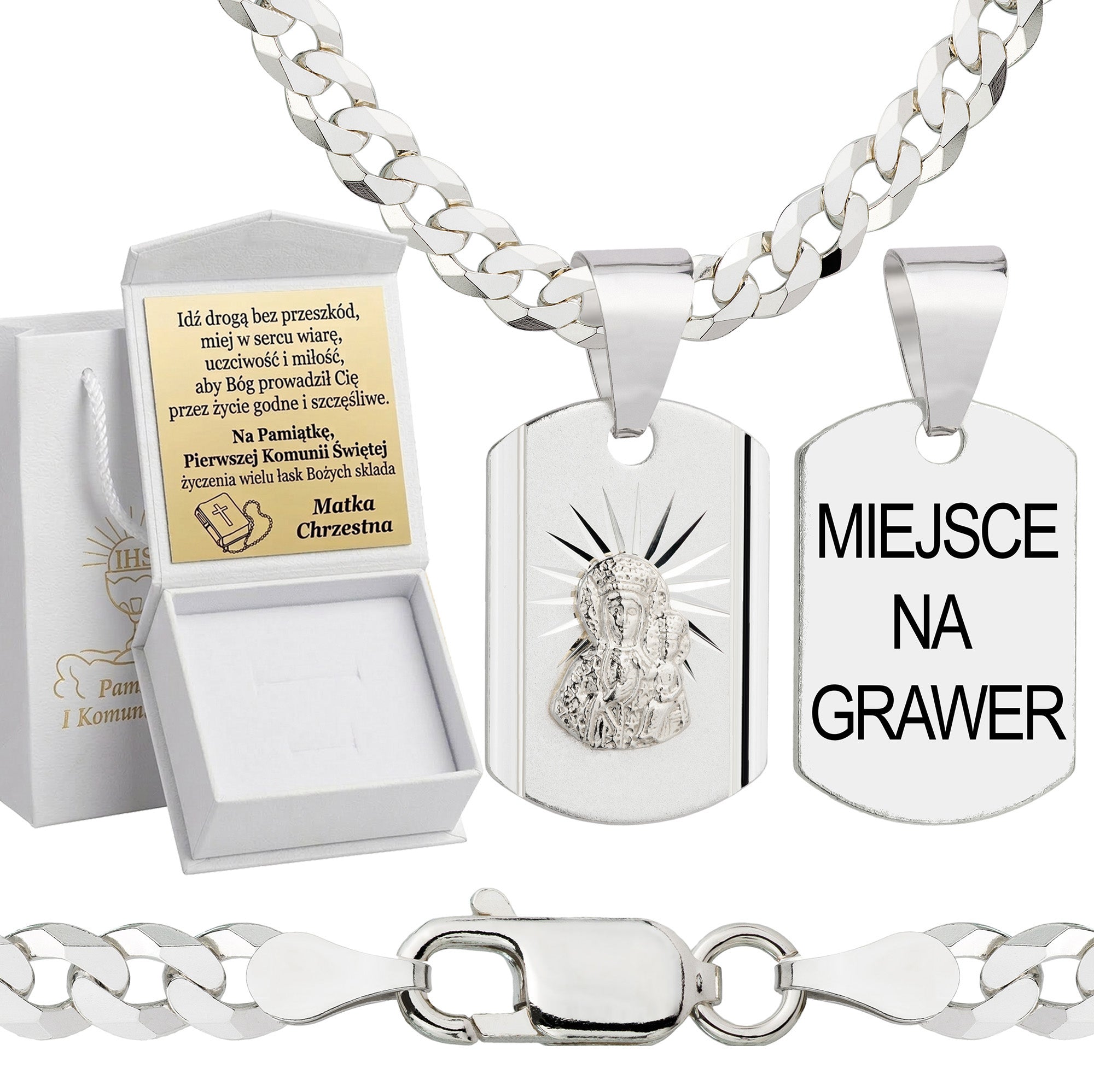 Łańcuszek komunijny srebrny z medalikiem pancerka 3,8mm z grawerowanym pudełeczkiem i zawieszką pr. 925