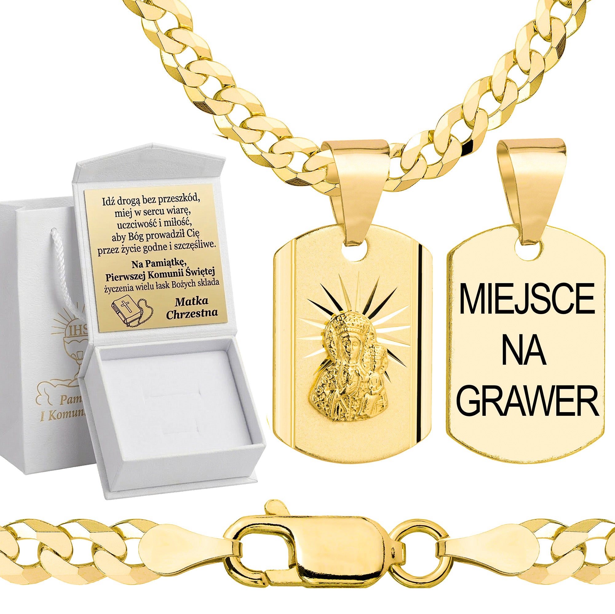 Łańcuszek komunijny pozłacany srebrny pancerka z medalikiem 3,8mm z grawerowanym pudełeczkiem i zawieszką pr. 925