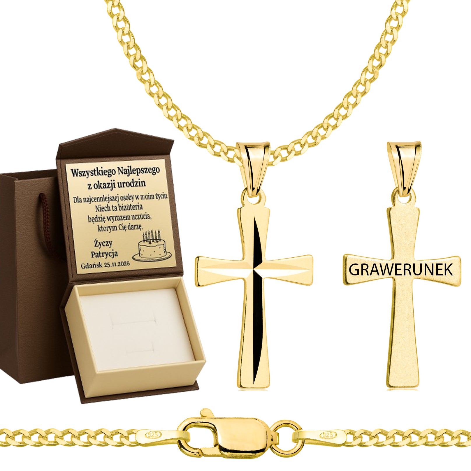 Łańcuszek pozłacany srebrny z krzyżykiem pancerka 2mm pr. 925