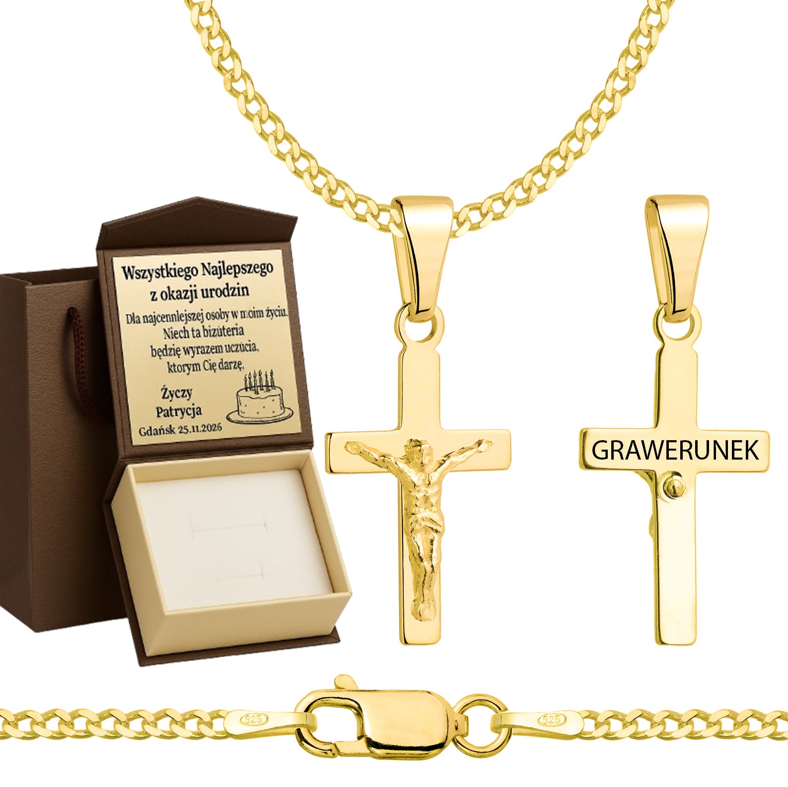 Łańcuszek pozłacany srebrny z krzyżykiem pancerka 2mm pr. 925