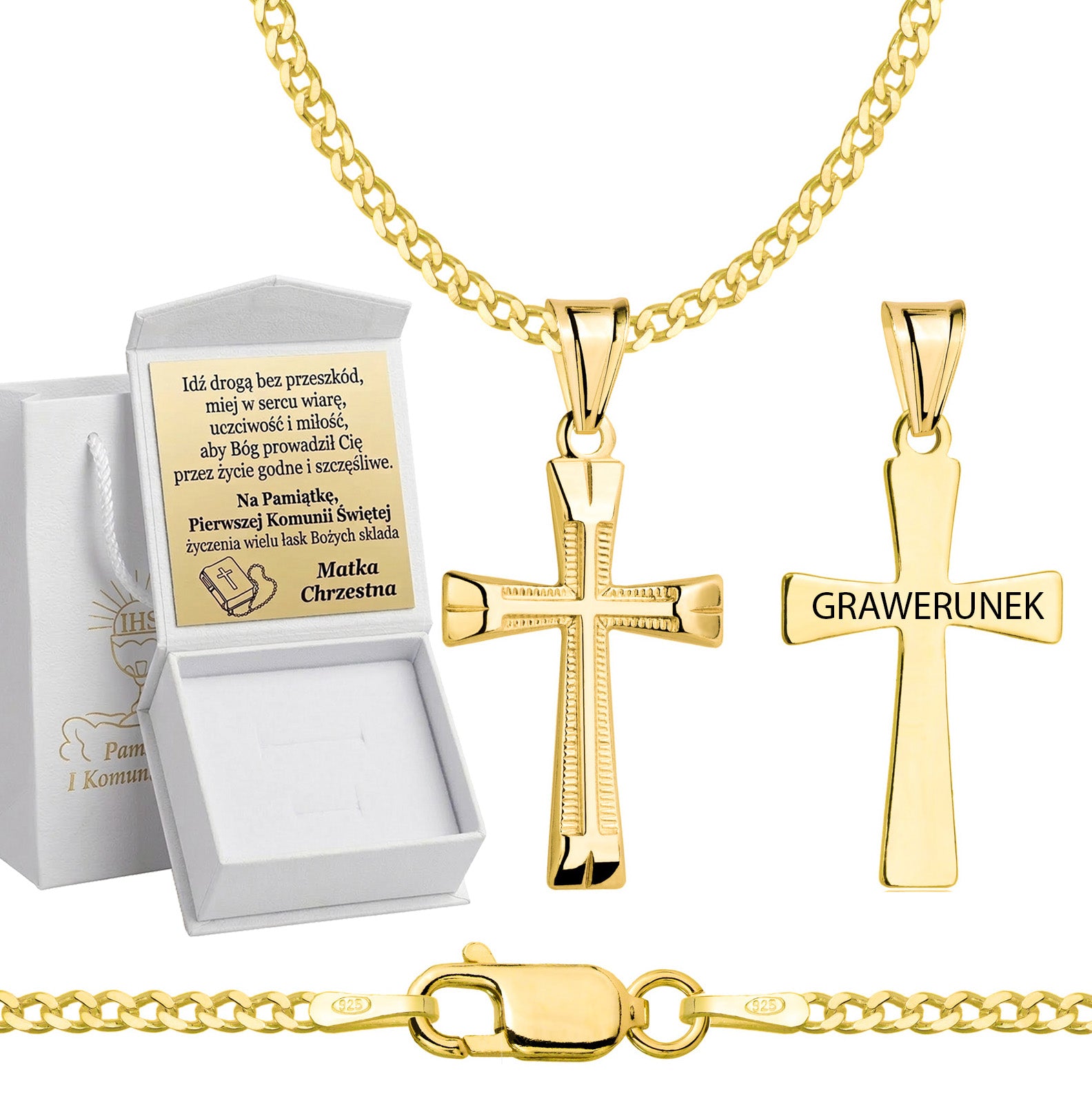 Łańcuszek komunijny pozłacany srebrny pancerka z krzyżykiem 2mm z grawerowanym pudełeczkiem i zawieszką pr. 925